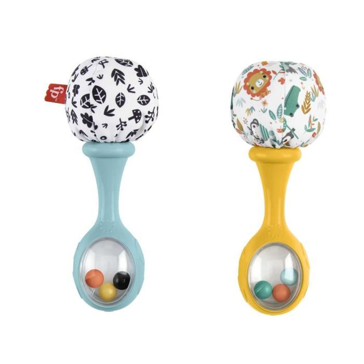Dos sonajeros para bebés: uno con estampado de hojas, otro con tema animal.