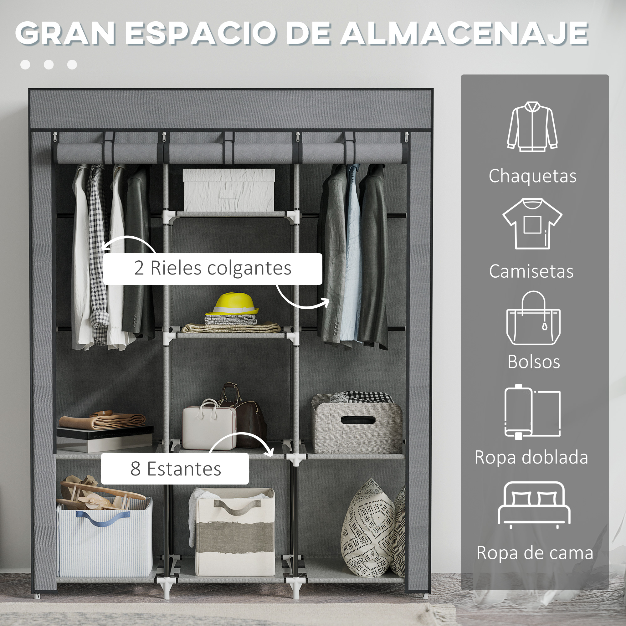 Armario de tela gris con ropa, sombreros, bolsos y cestas, con etiquetas.