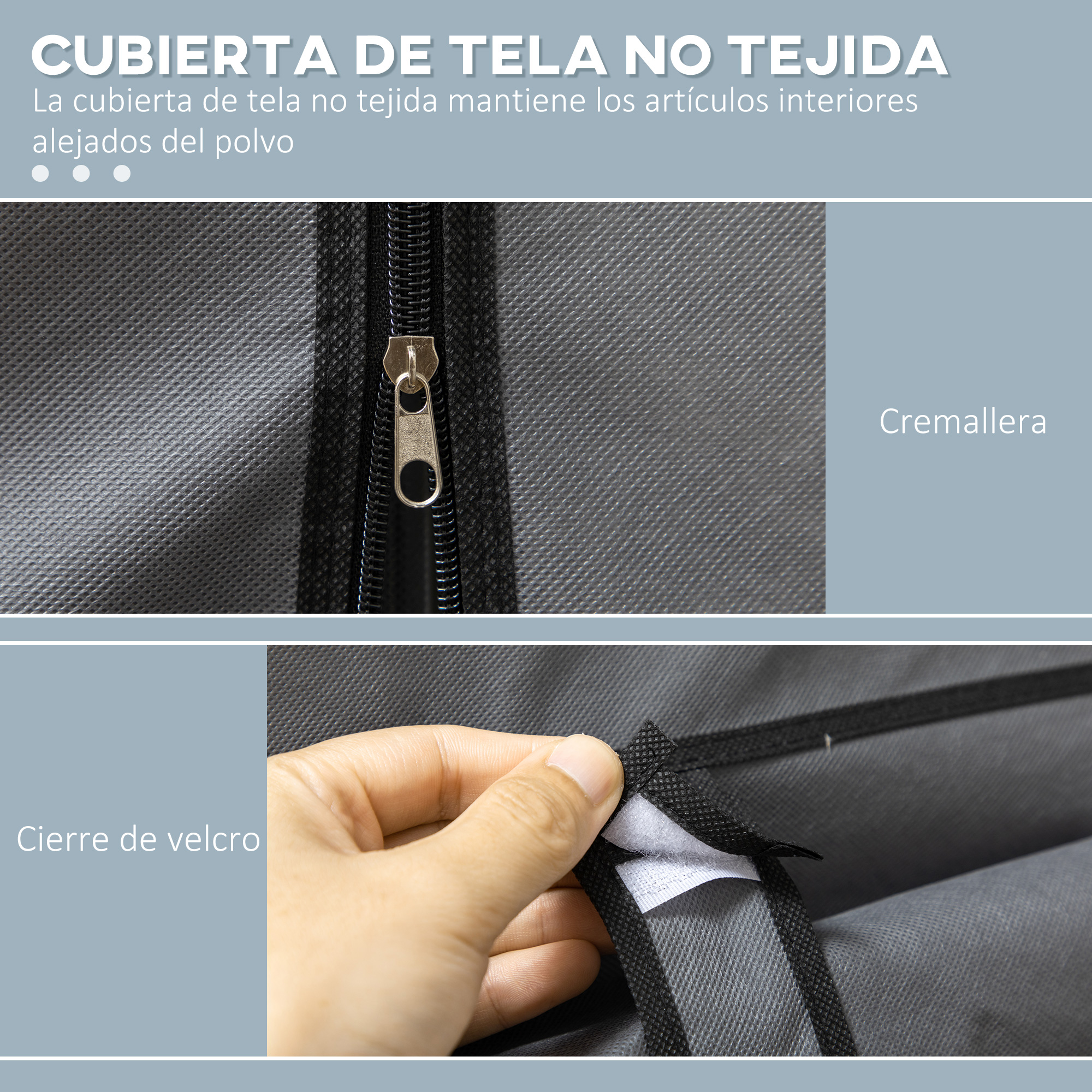 Cubierta de tela gris con cremallera y cierre de velcro.