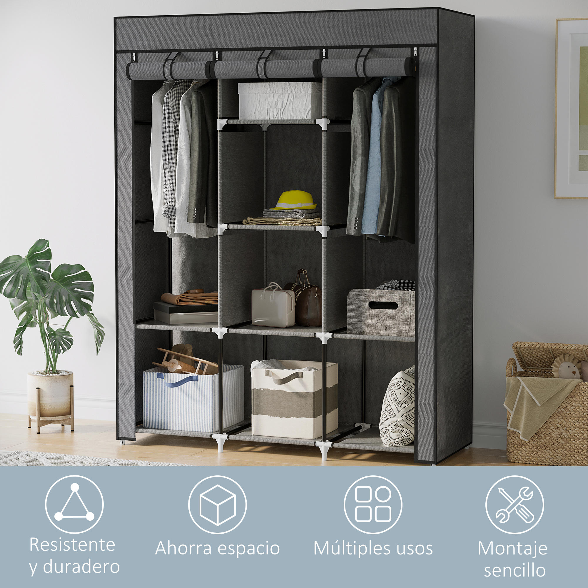 Armario de tela gris con ropa, cajas y una planta.
