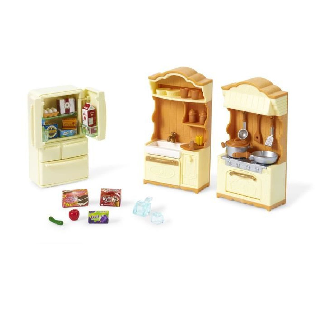 Muebles de cocina de juguete: nevera, fregadero, estufa con utensilios, comida.