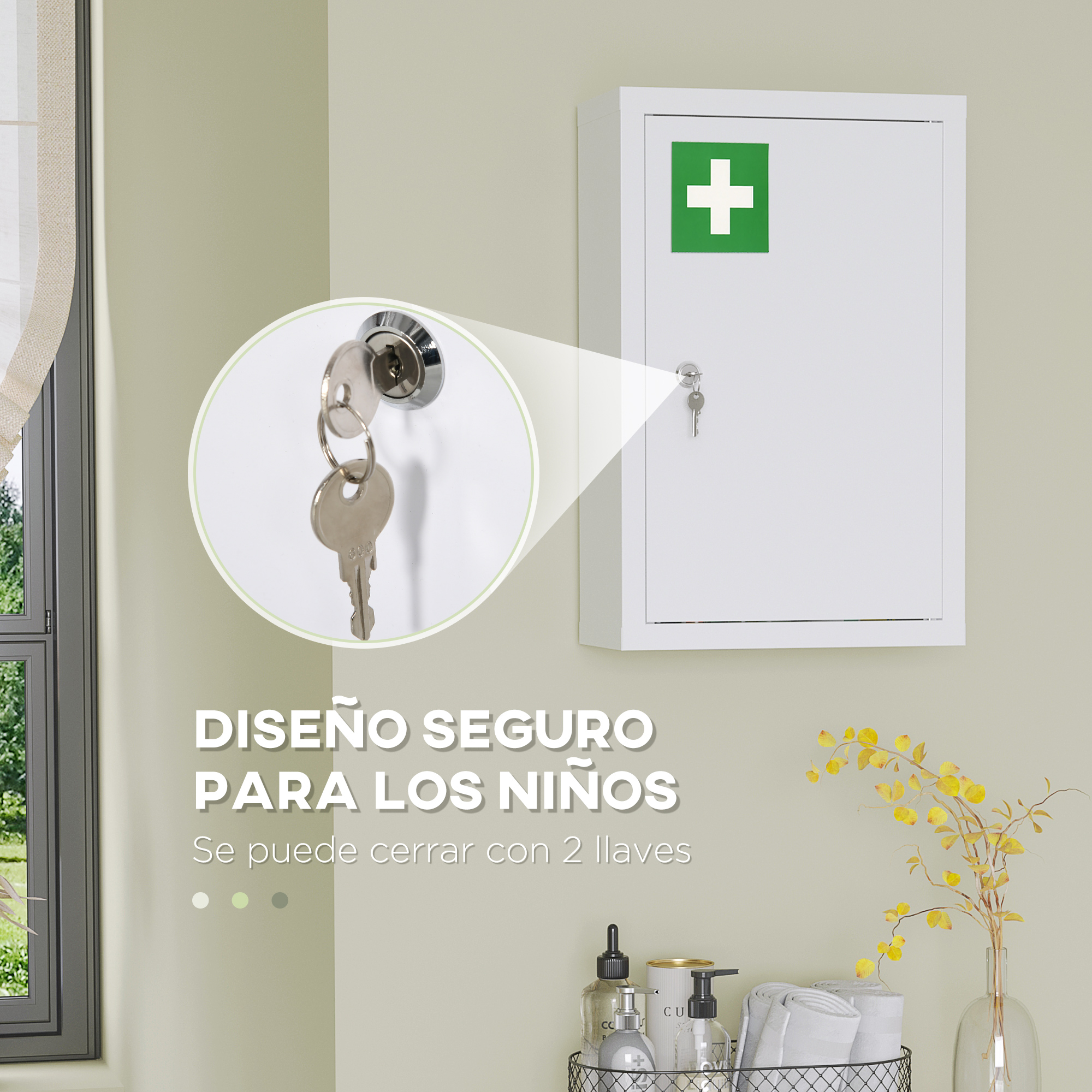 Un botiquín blanco con una cruz verde. Dos llaves en la cerradura.