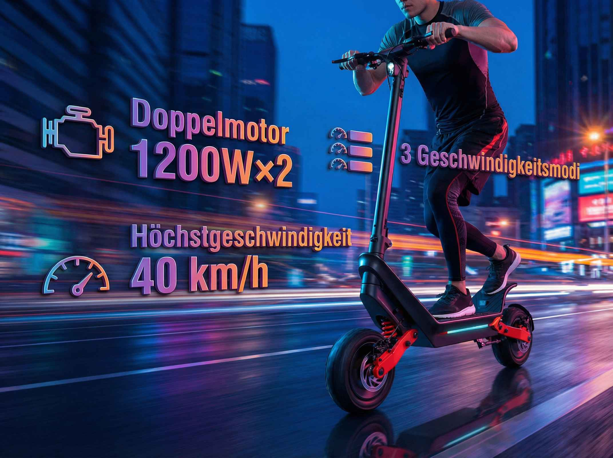 Mann fährt E-Scooter bei Nacht, 1200W Doppelmotor, 40 km/h Höchstgesch.