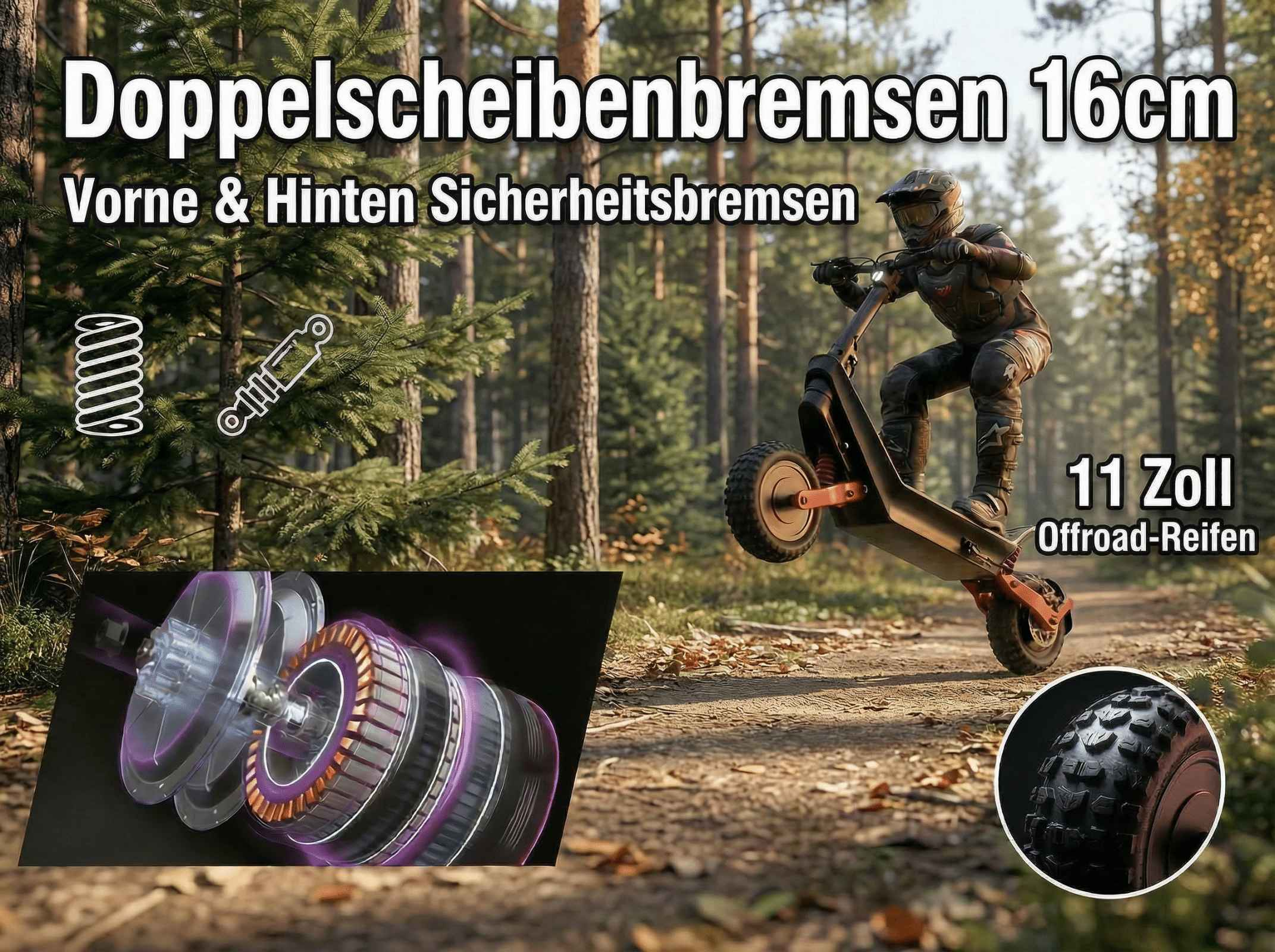 Ein Mann fährt einen E-Scooter im Wald mit Details zu Bremsen und Reifen.