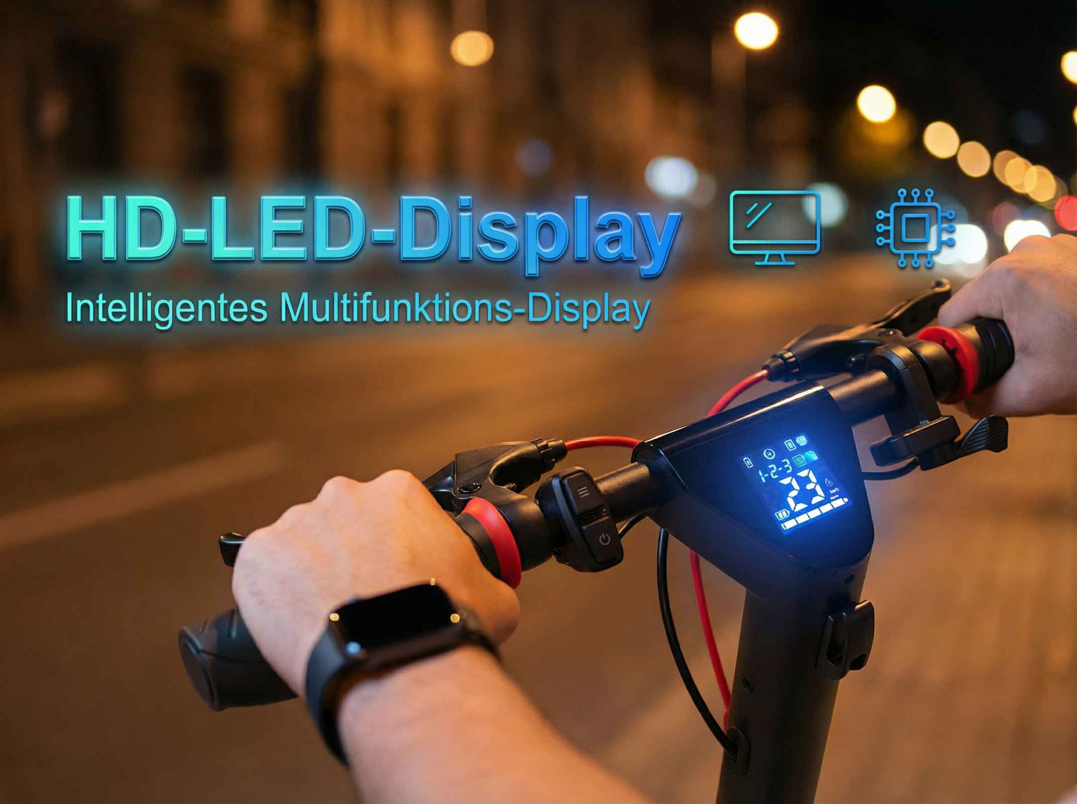 Elektroroller-Display zeigt 23 km/h an, Nachtaufnahme mit Lichtern.