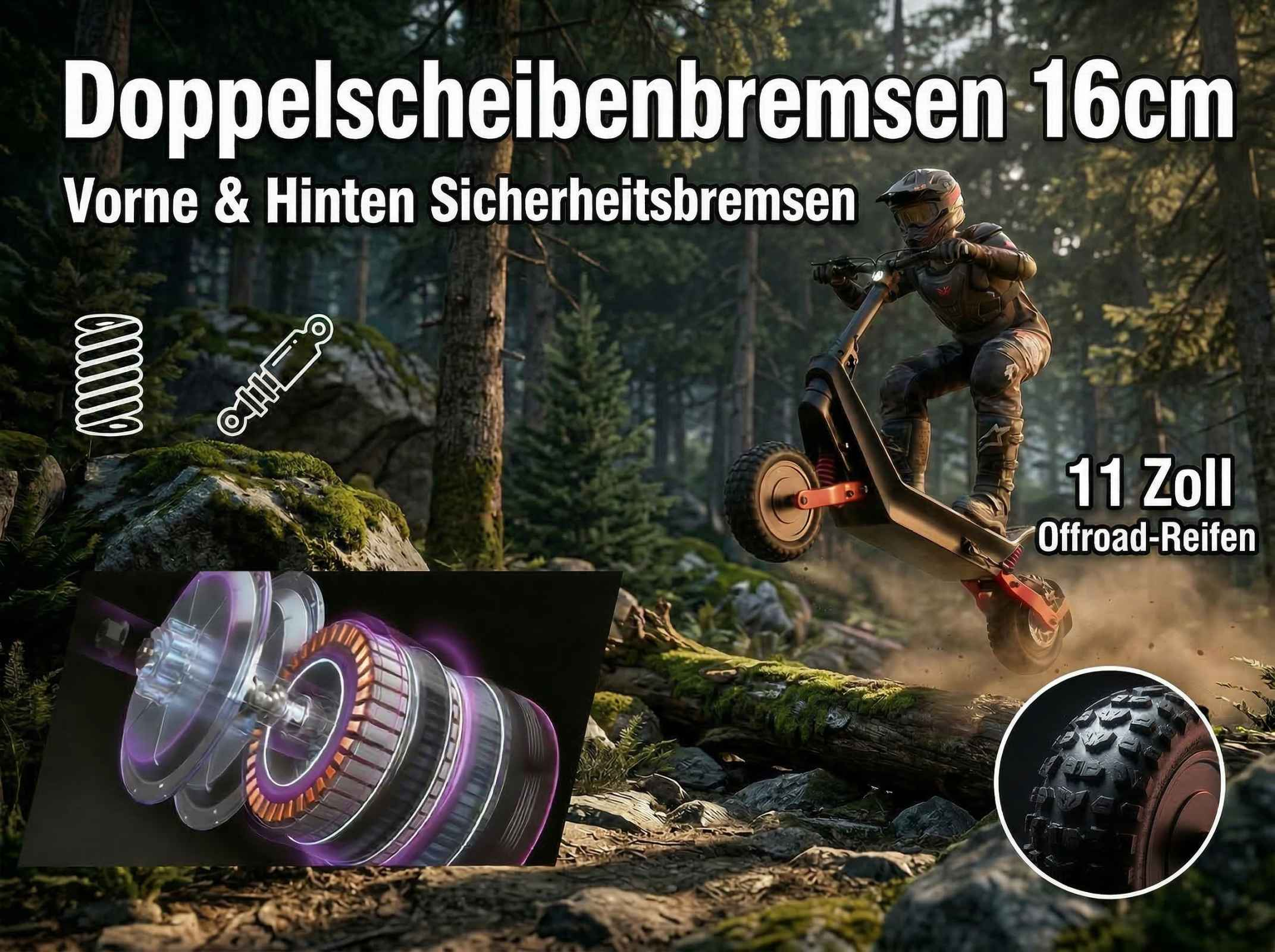 Fahrer auf E-Scooter mit Doppelbremsen und Offroad-Reifen im Wald.