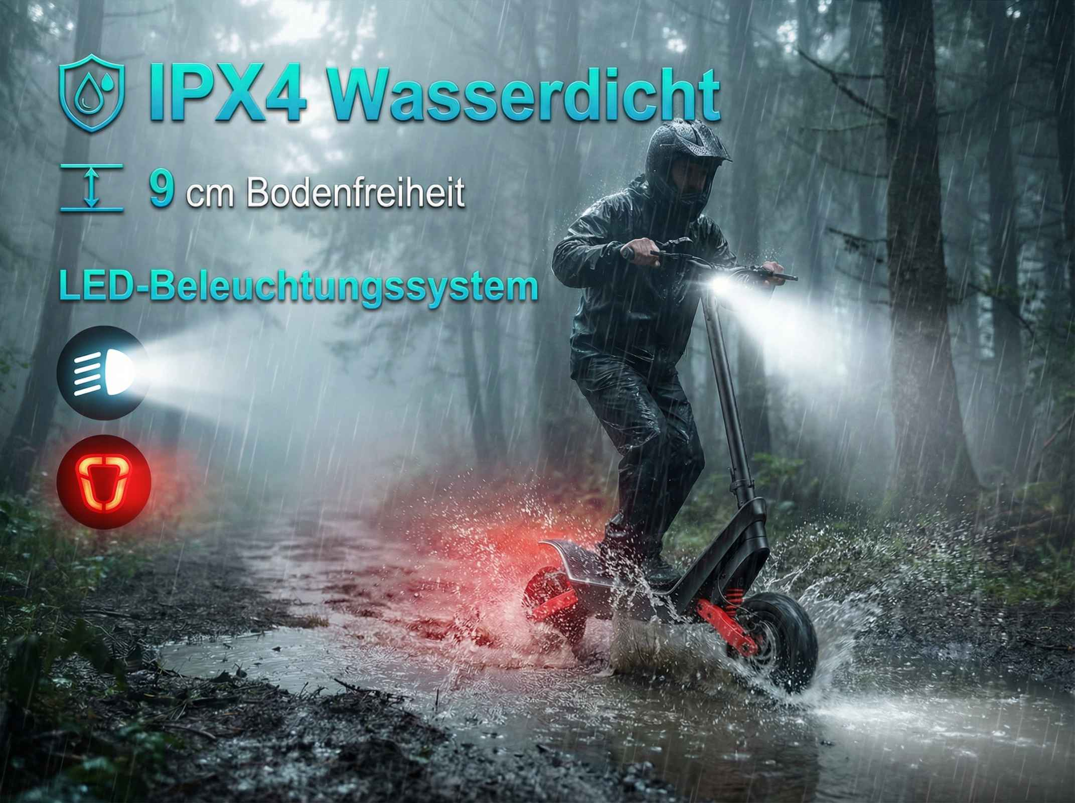 Mann fährt E-Scooter im Regen, mit Lichtern und Wasserspritzern.