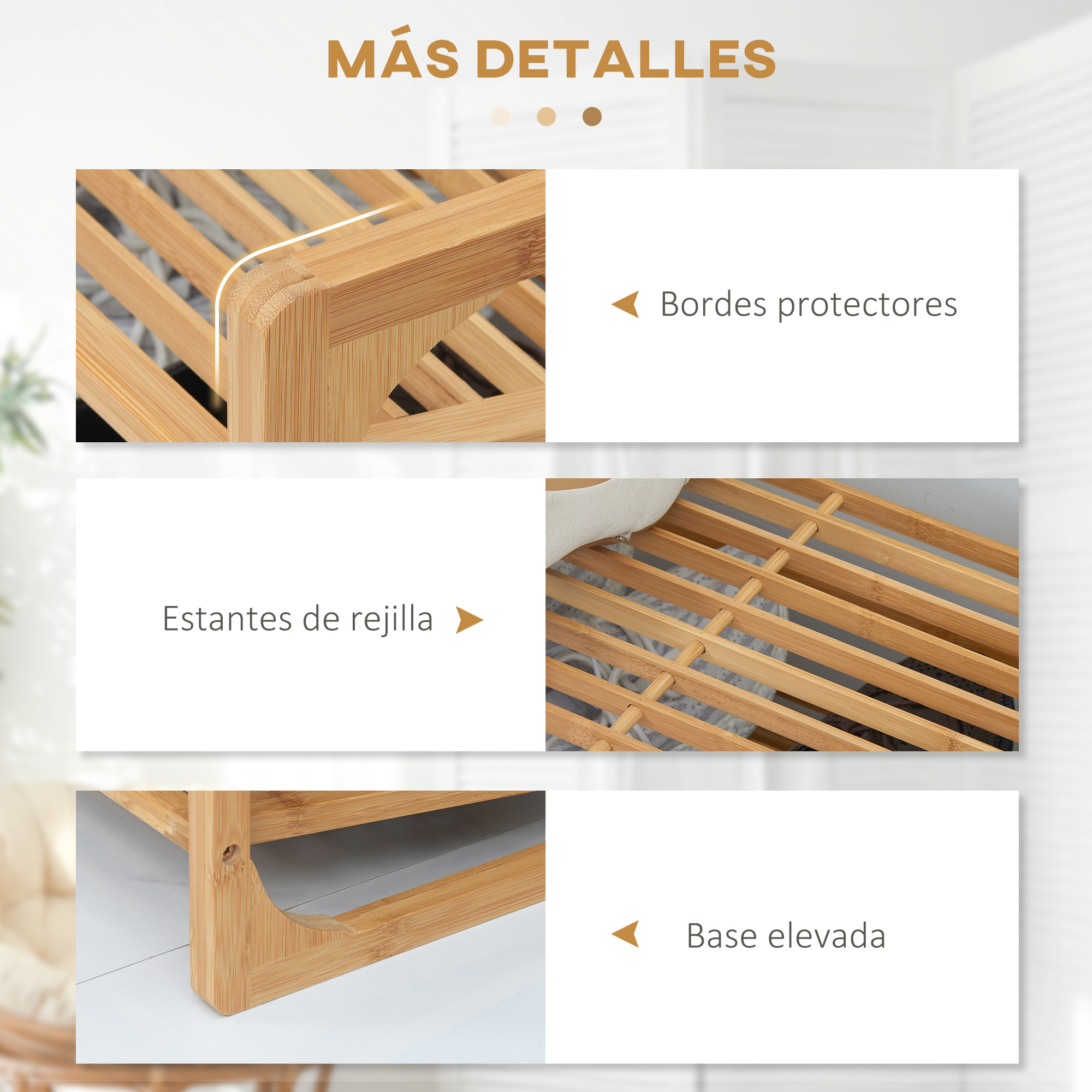 Zapatero de madera con estantes de listones y bordes protectores.