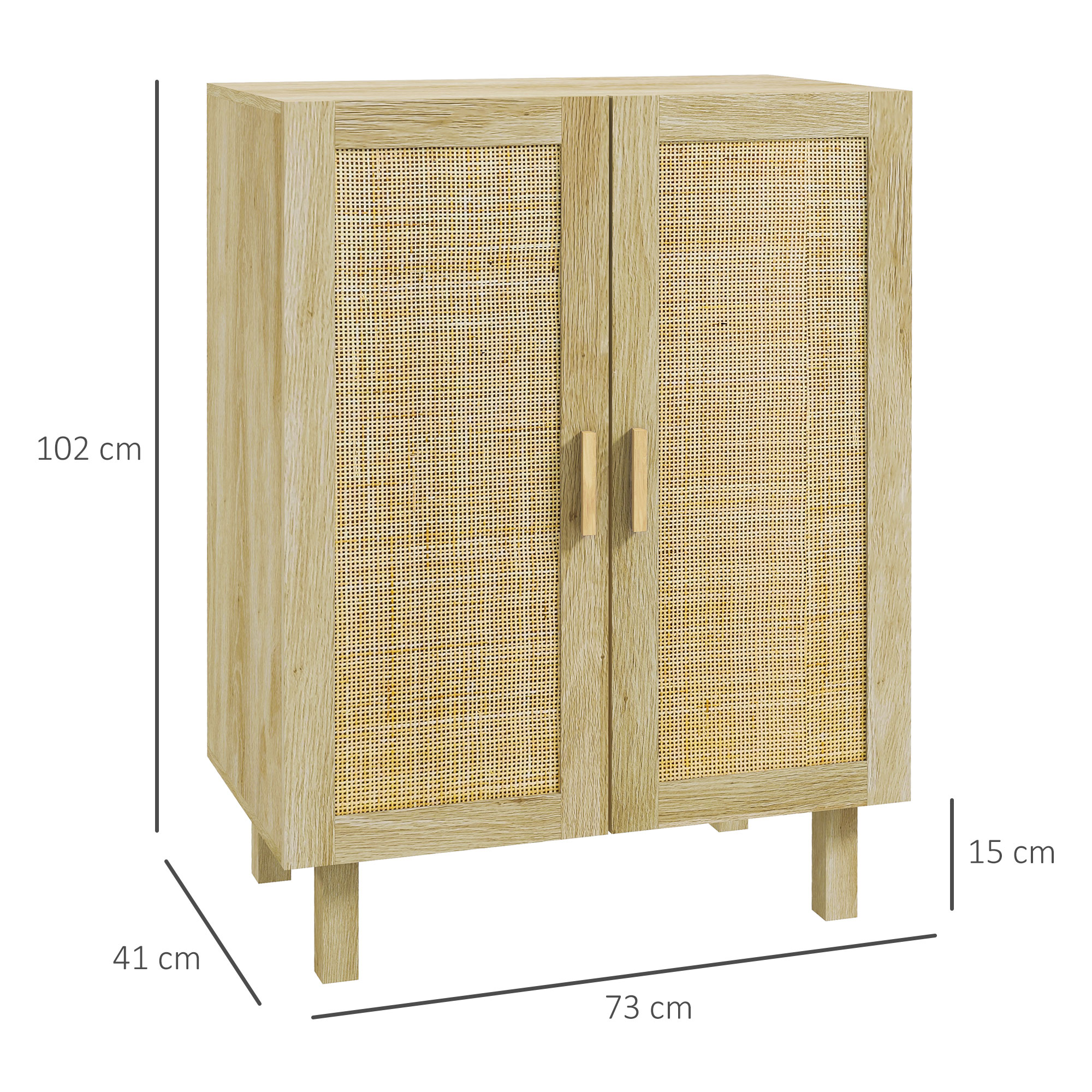 Un mueble marrón claro con dos puertas de ratán y tiradores de madera.