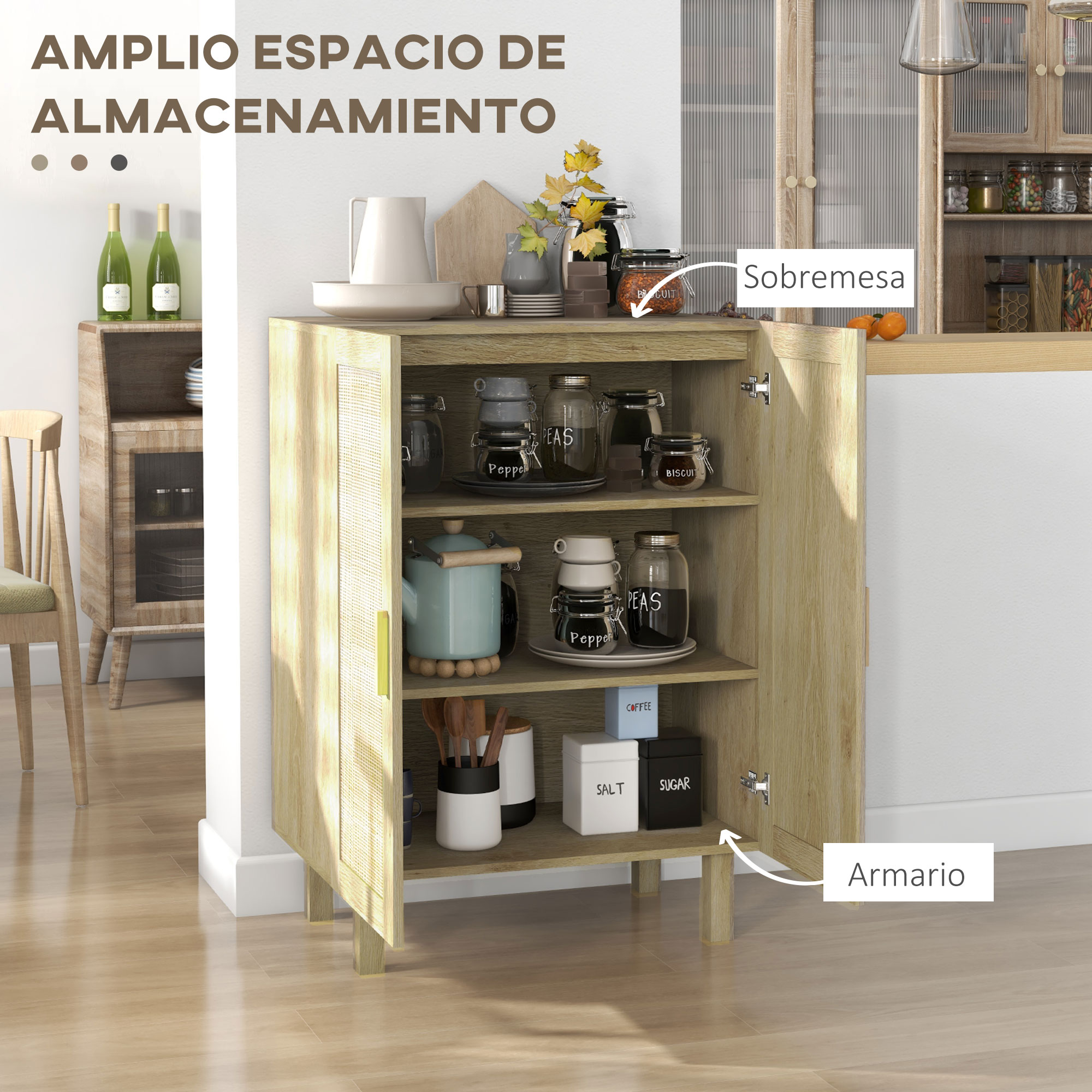 Un armario de madera con insertos de cristal y elementos de ratán, lleno de tarros y recipientes.