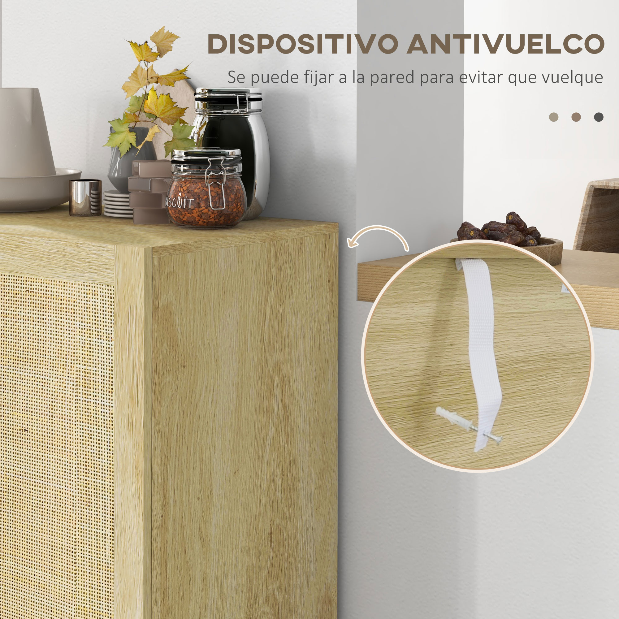 Un dispositivo antivuelco con una correa blanca fijada a una superficie de madera.