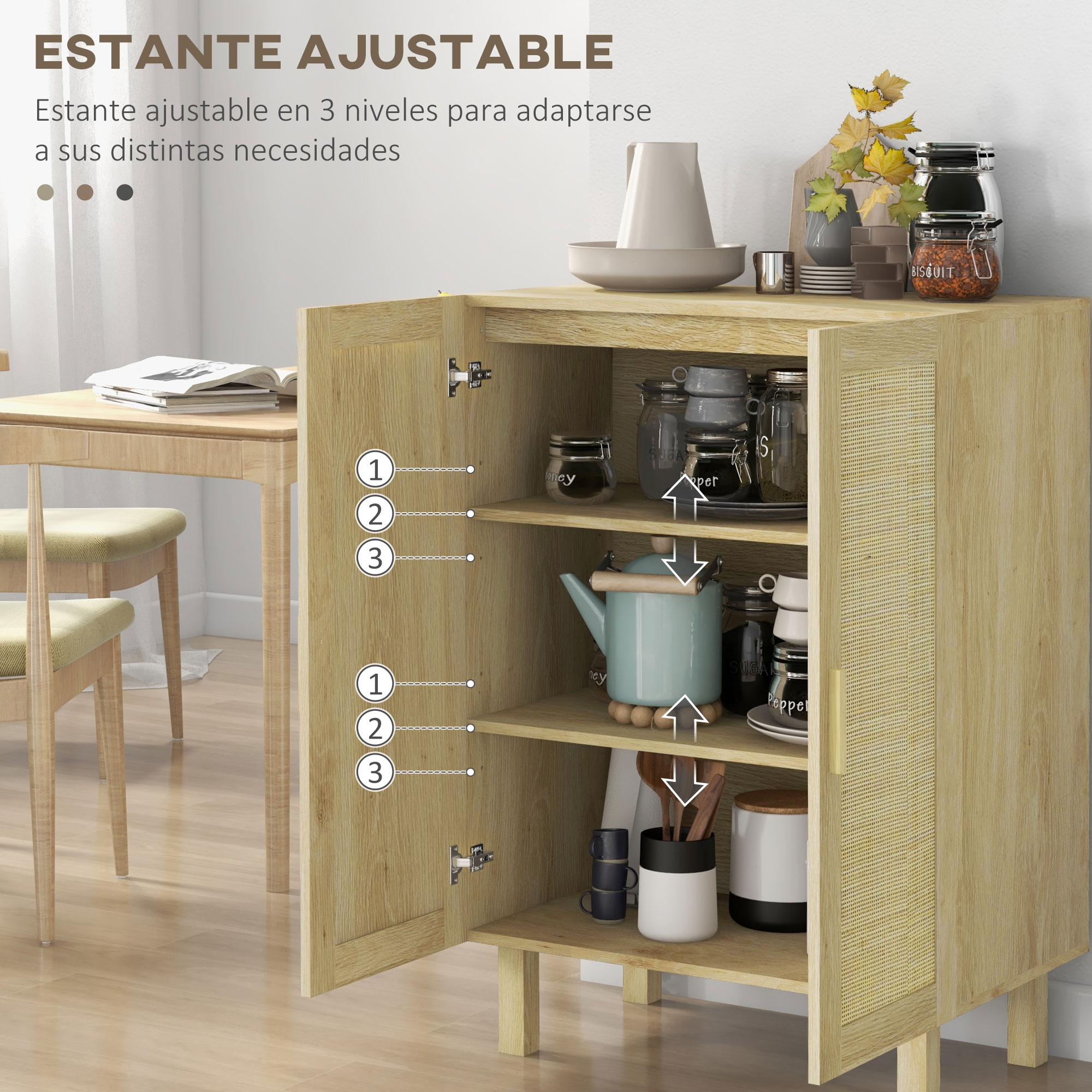 Un armario de madera clara con puertas abiertas, lleno de frascos y platos.