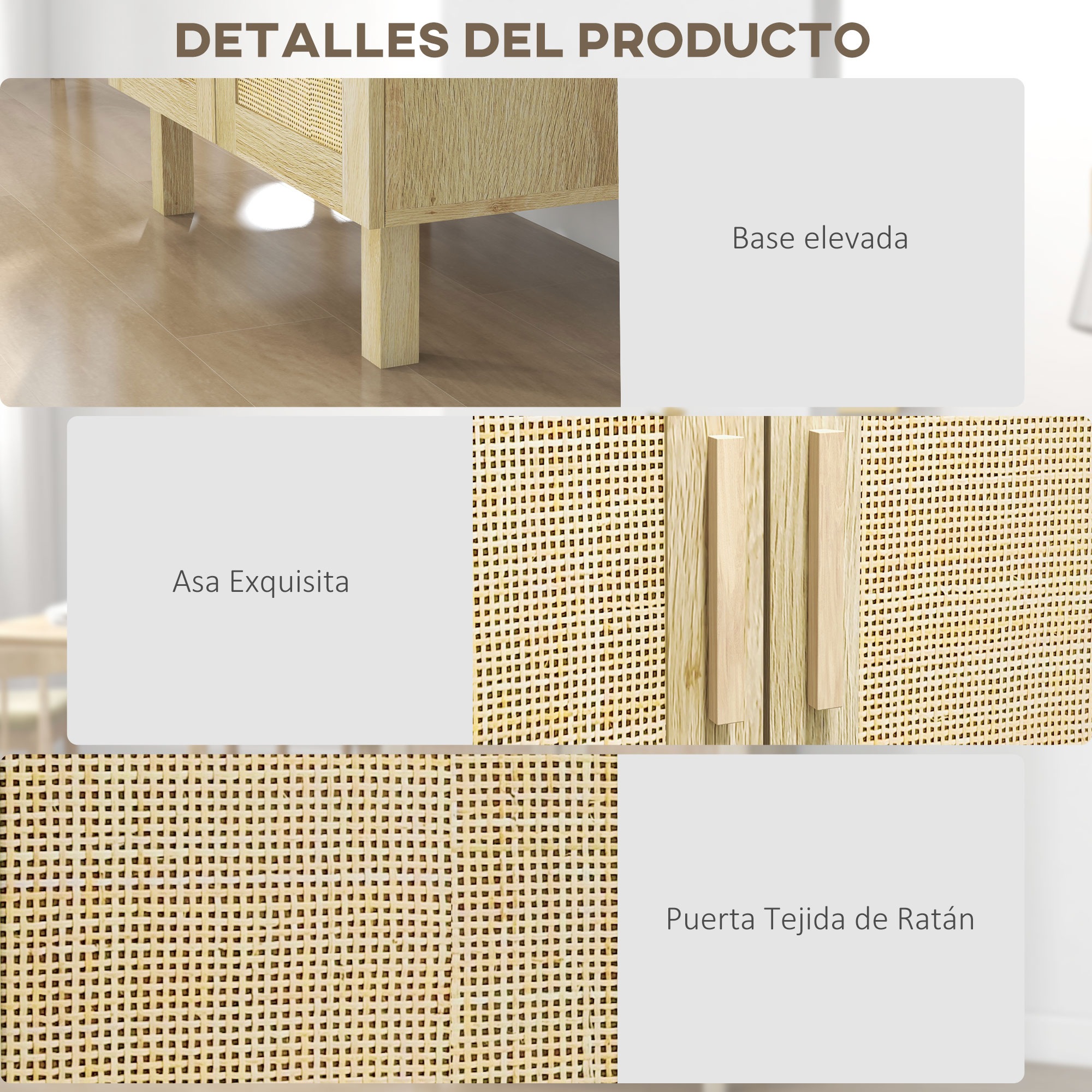 Detalle de mueble de madera clara con tejido de ratán y tiradores.