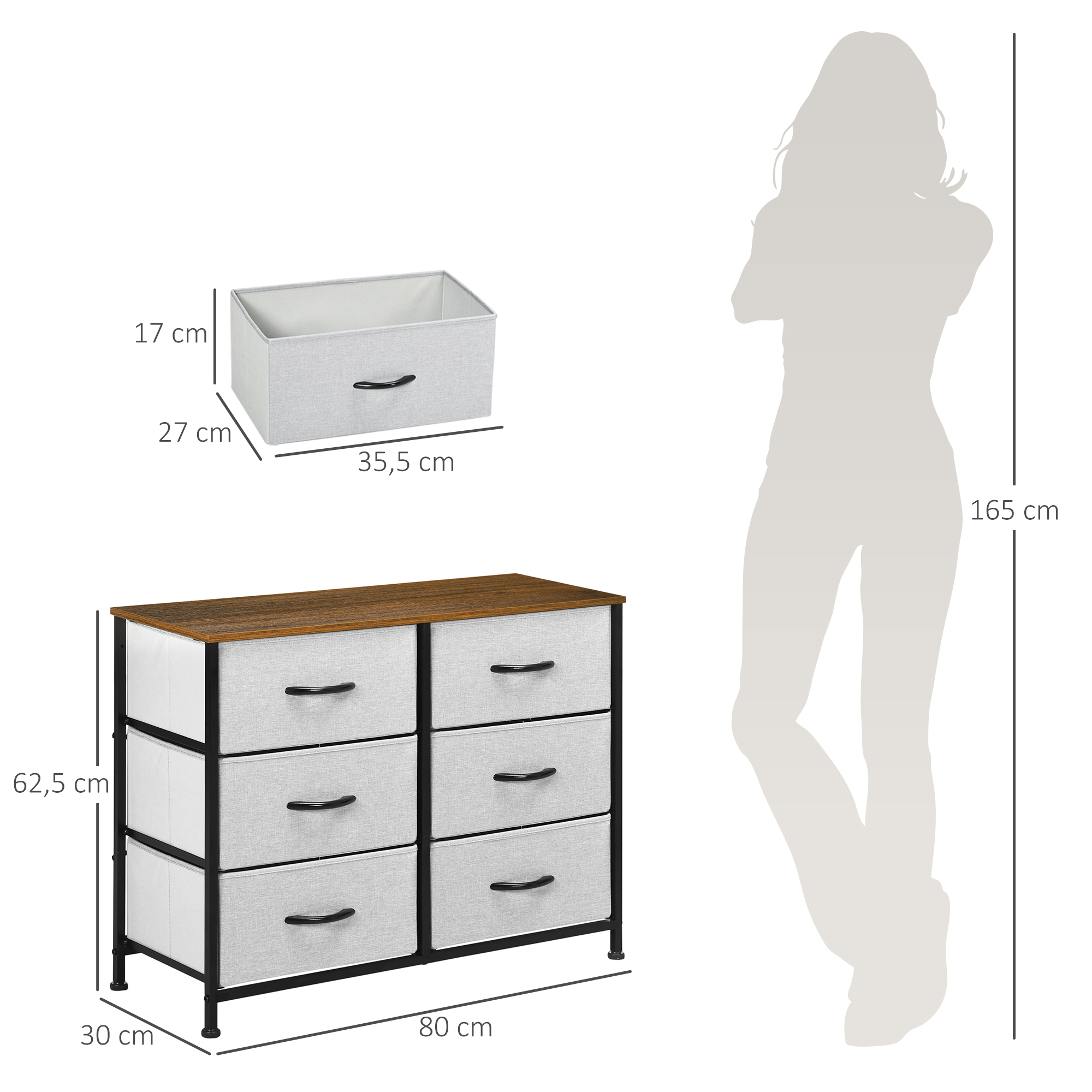 Una mujer (165 cm) está al lado de una cómoda con seis cajones grises.