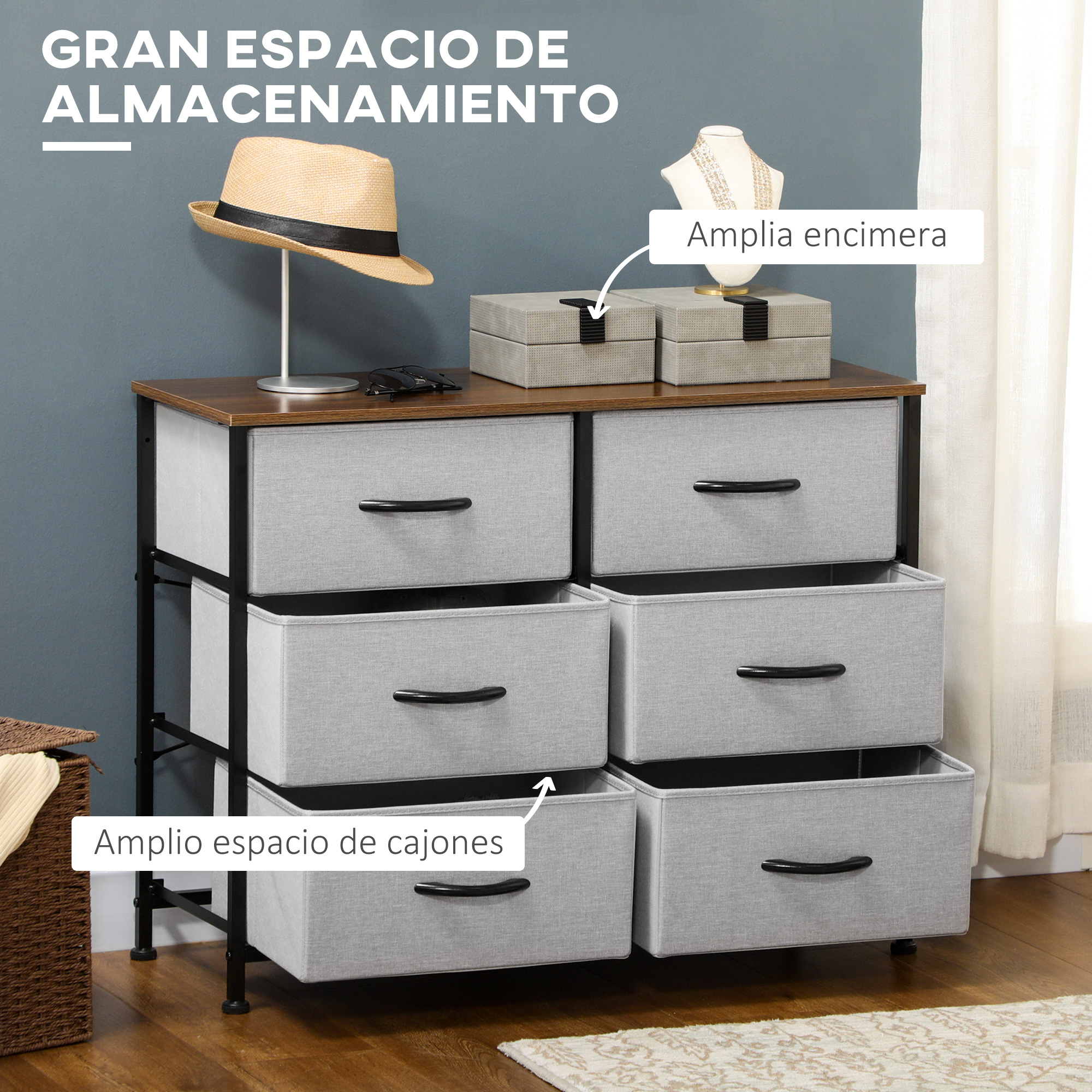 Cómoda de cajones de tela gris con tapa de madera, sombrero y joyas.