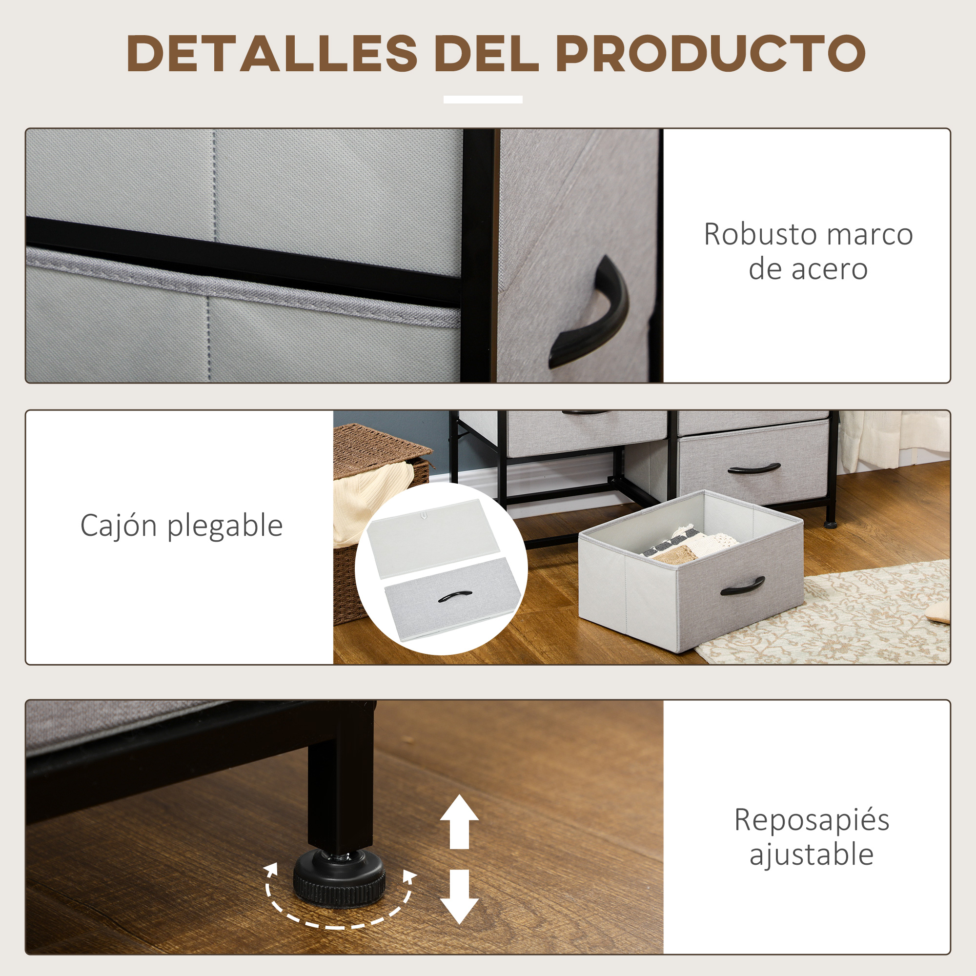 Detalles del producto: Marco de acero, cajón de tela, pie ajustable.