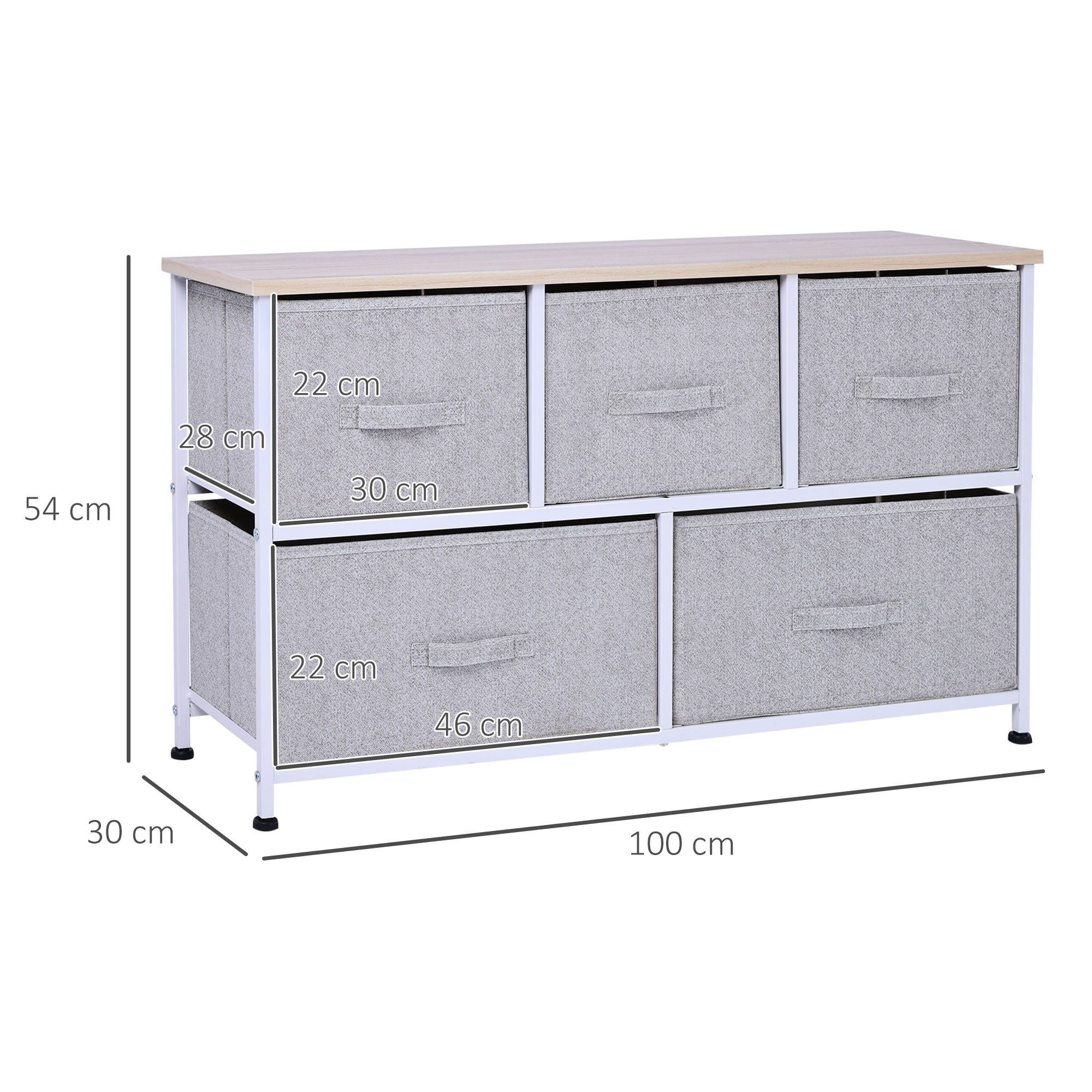 Cómoda de tela con tapa de madera, 5 cajones y patas de metal blanco.