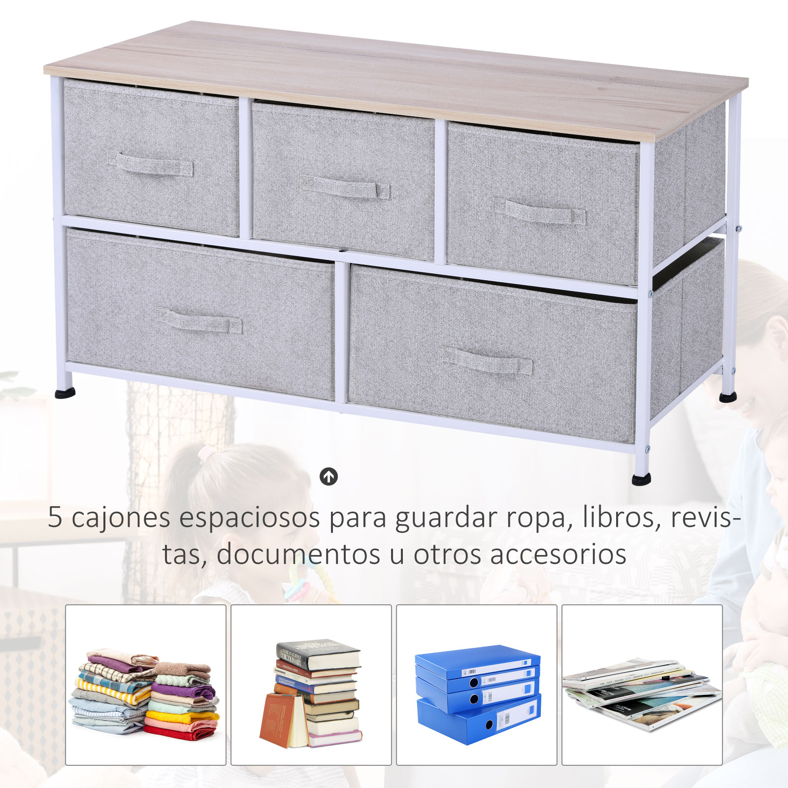 Cómoda de madera clara con 5 cajones de tela grises y marco blanco.