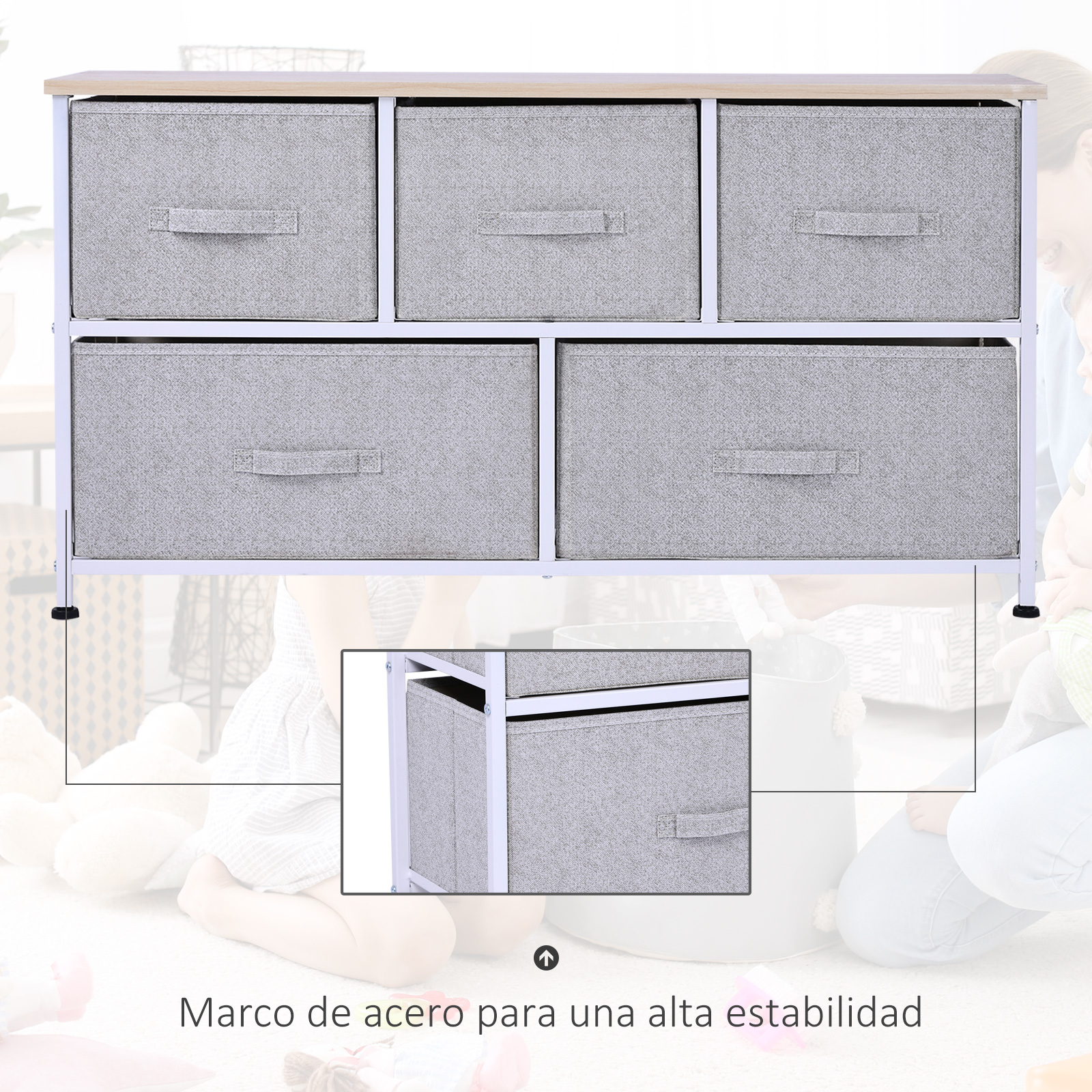 Cajones grises de tela sobre marco metálico blanco con tapa de madera.