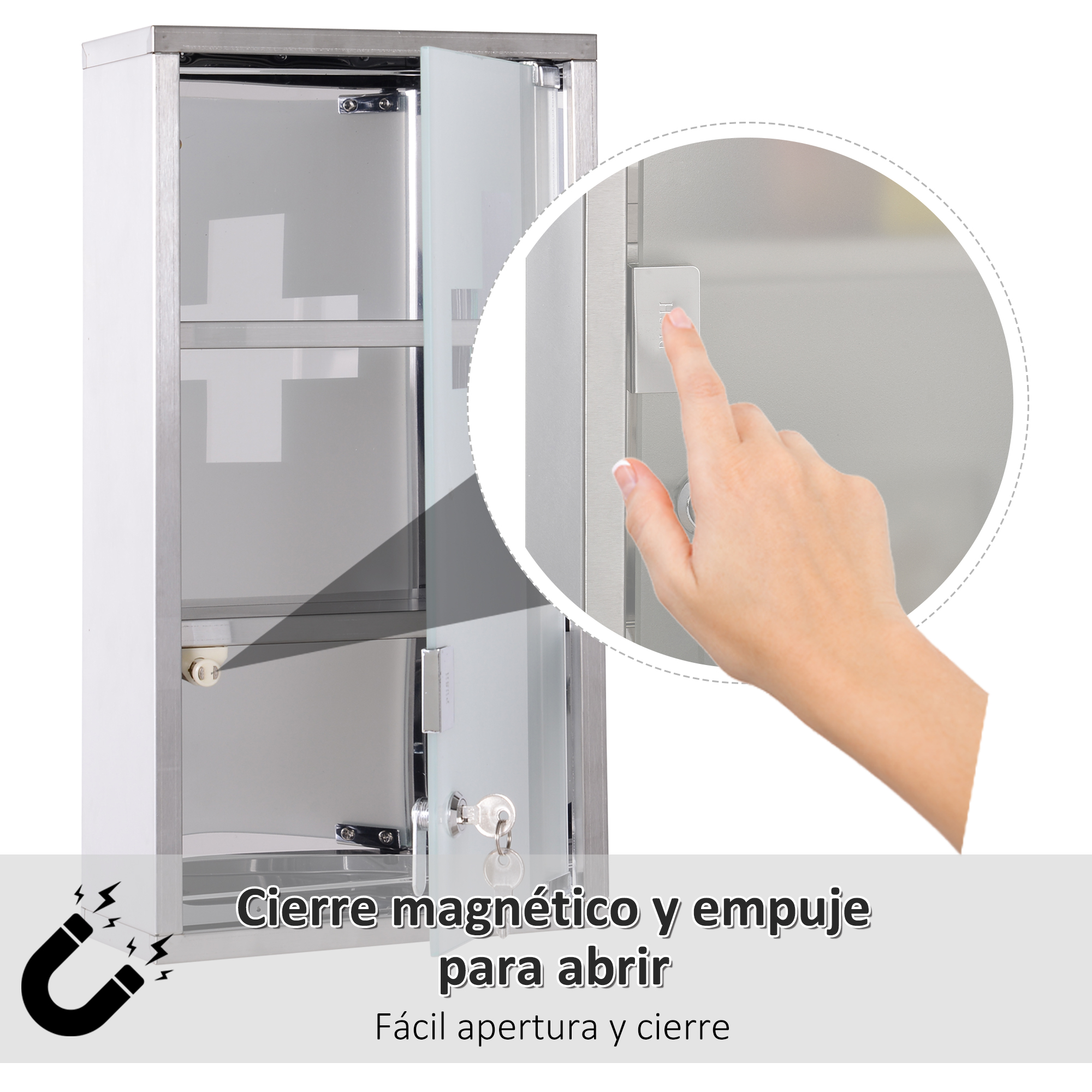 Un gabinete blanco con puerta de vidrio, una mano empujando un pestillo magnético y texto sobre cierre magnético.