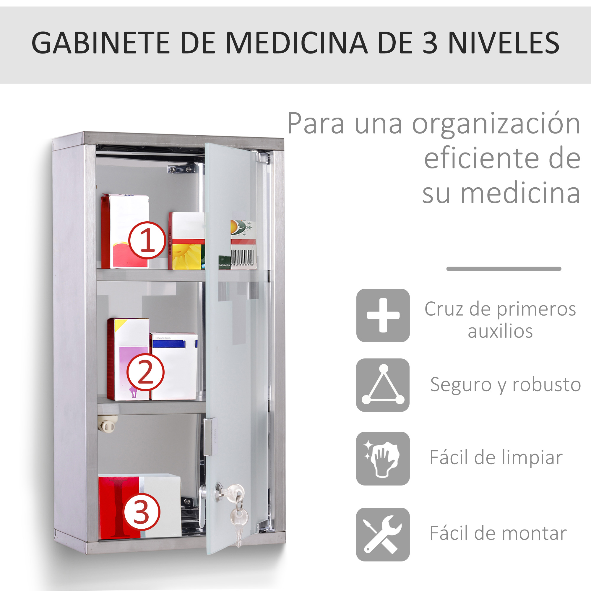 Un botiquín de tres niveles con cajas de medicamentos dentro.