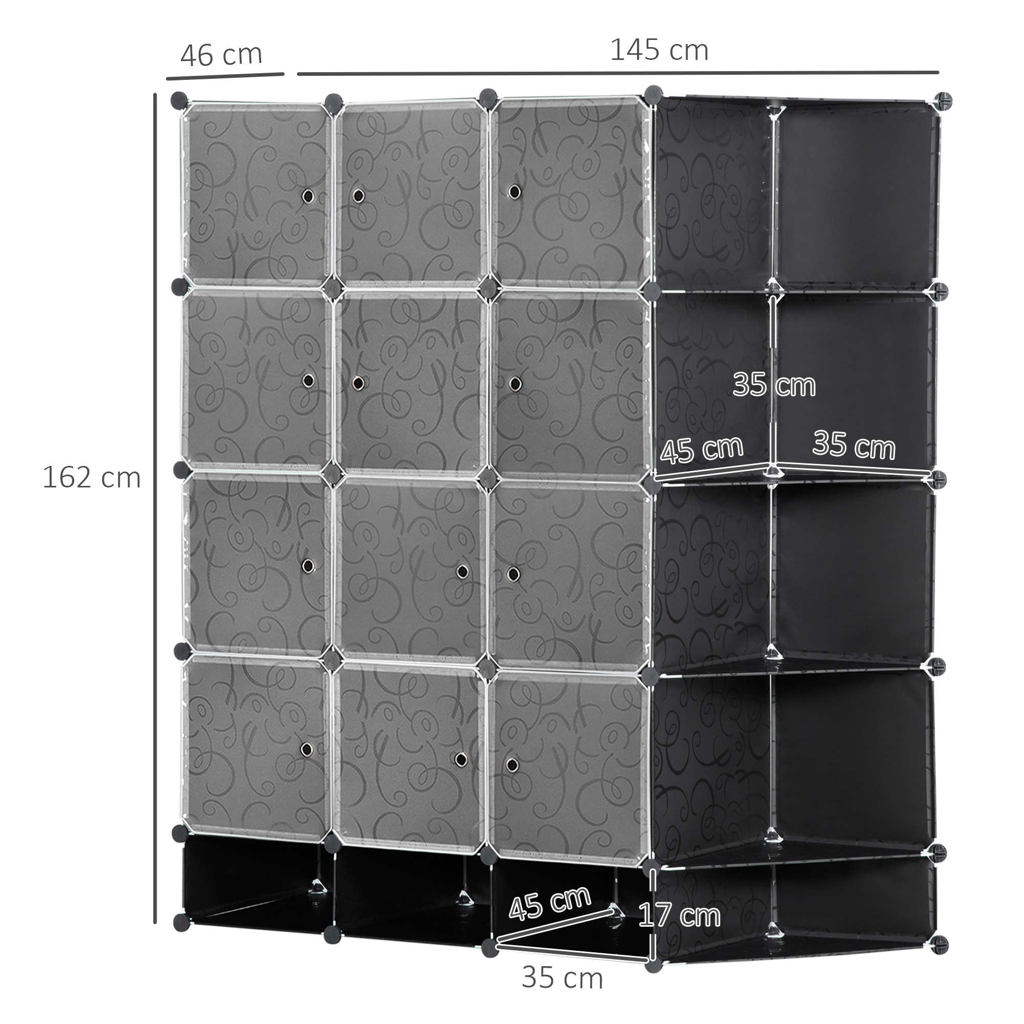 Un armario de almacenamiento modular alto con 12 cubos. Algunos cubos son negros, otros grises con espirales.