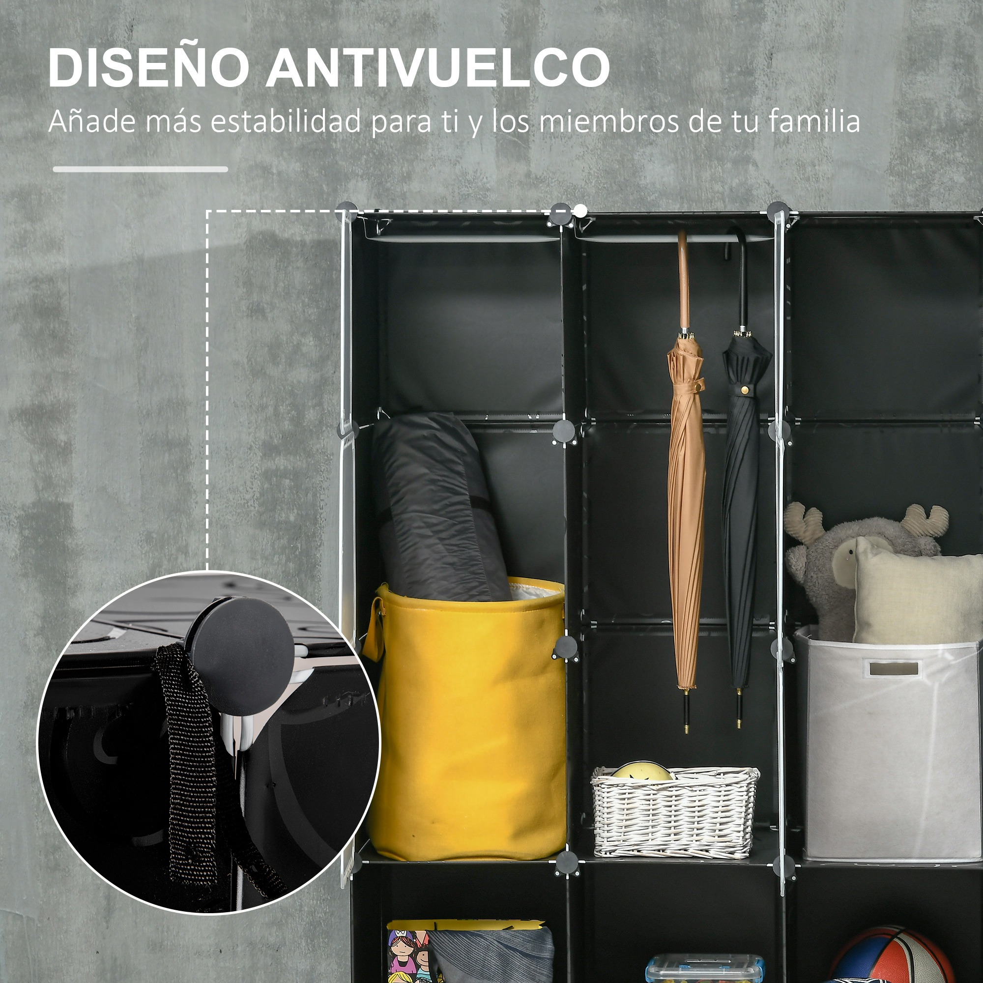 Armario negro con bolsa amarilla, paraguas, juguetes y una cesta dentro.