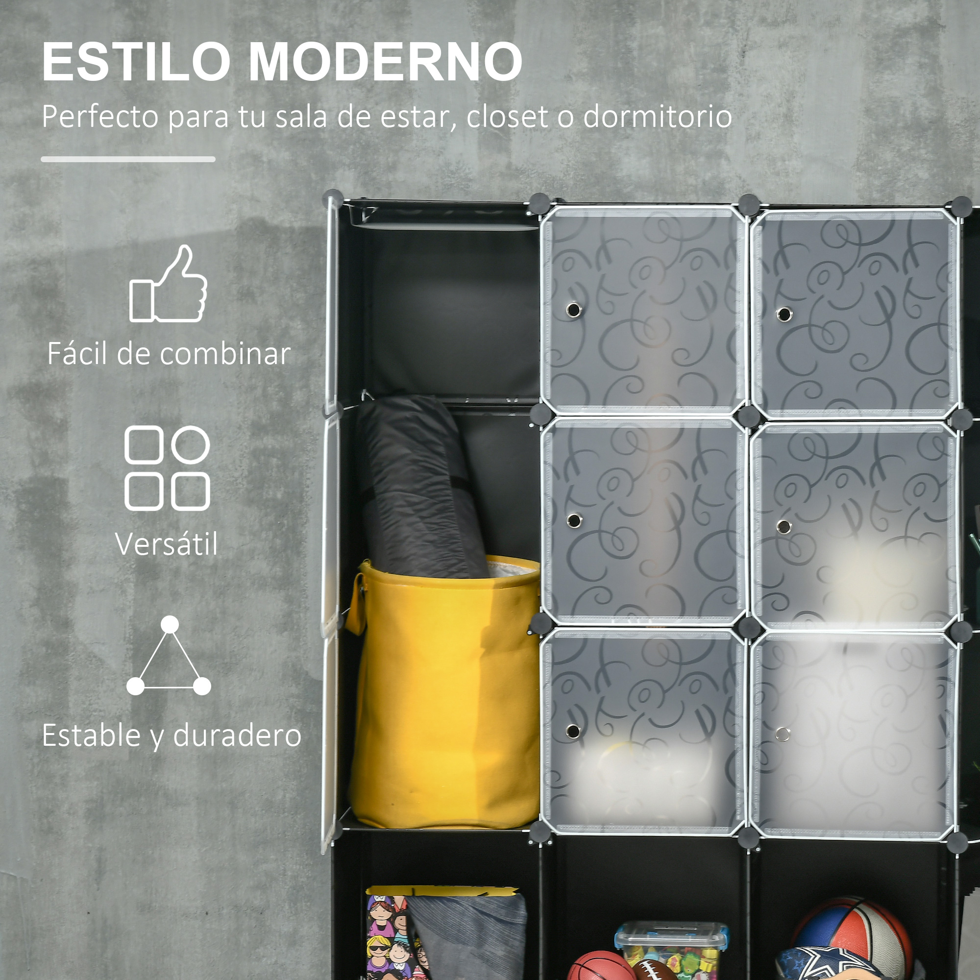 Un moderno armario modular con paneles negros y grises, que contiene artículos.
