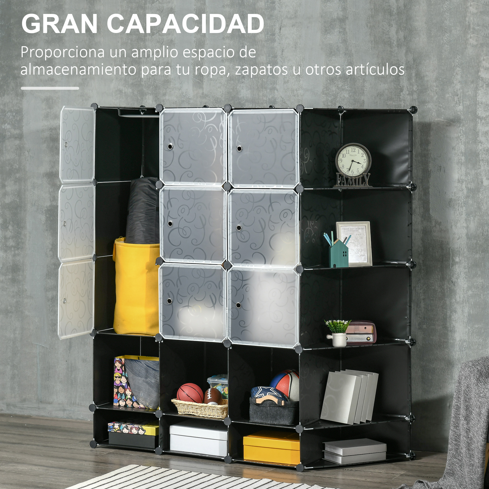 Un mueble de estantería negro con muchos compartimentos, lleno de varios artículos.