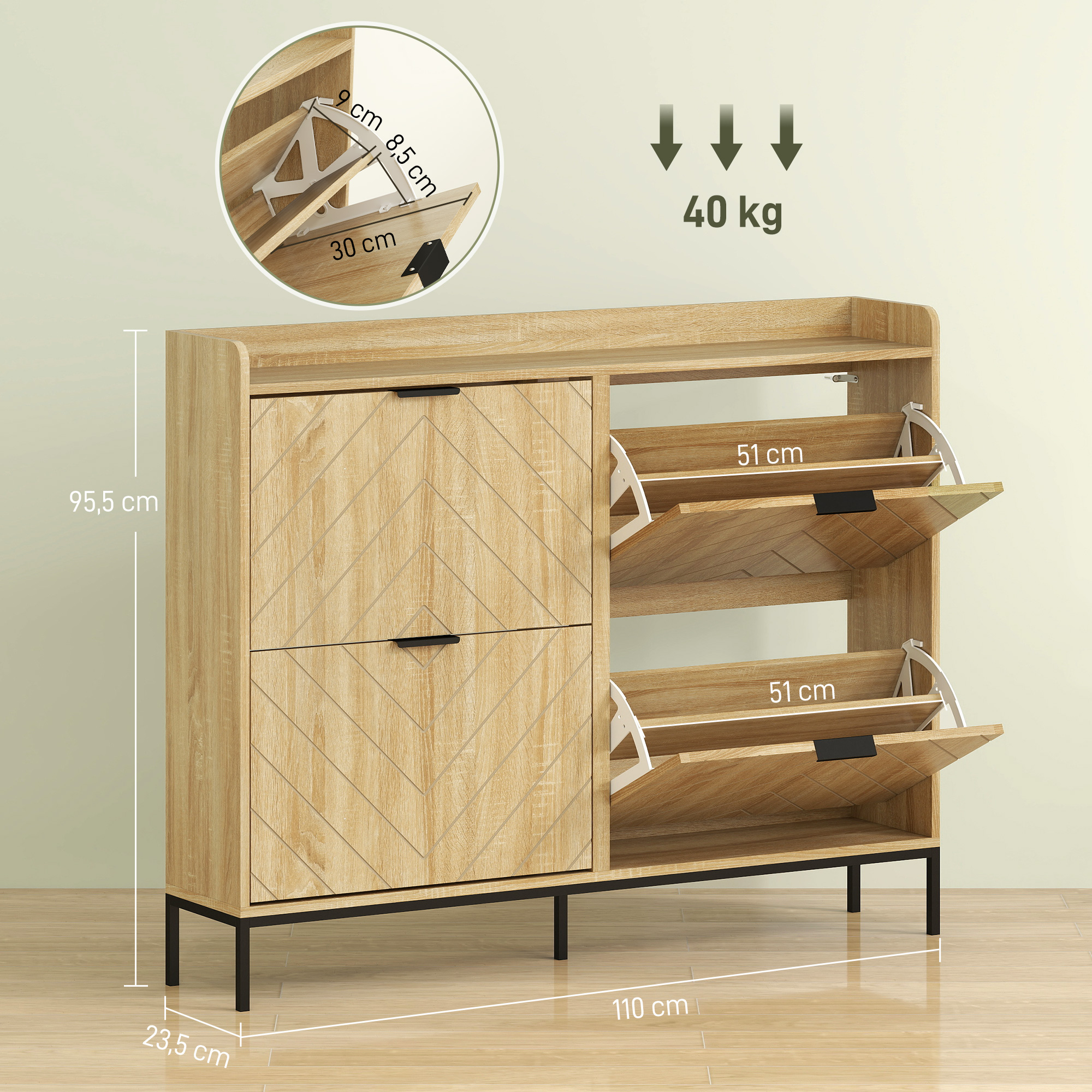 Un zapatero de madera con dos cajones y tres compartimentos abatibles. Dimensiones mostradas.