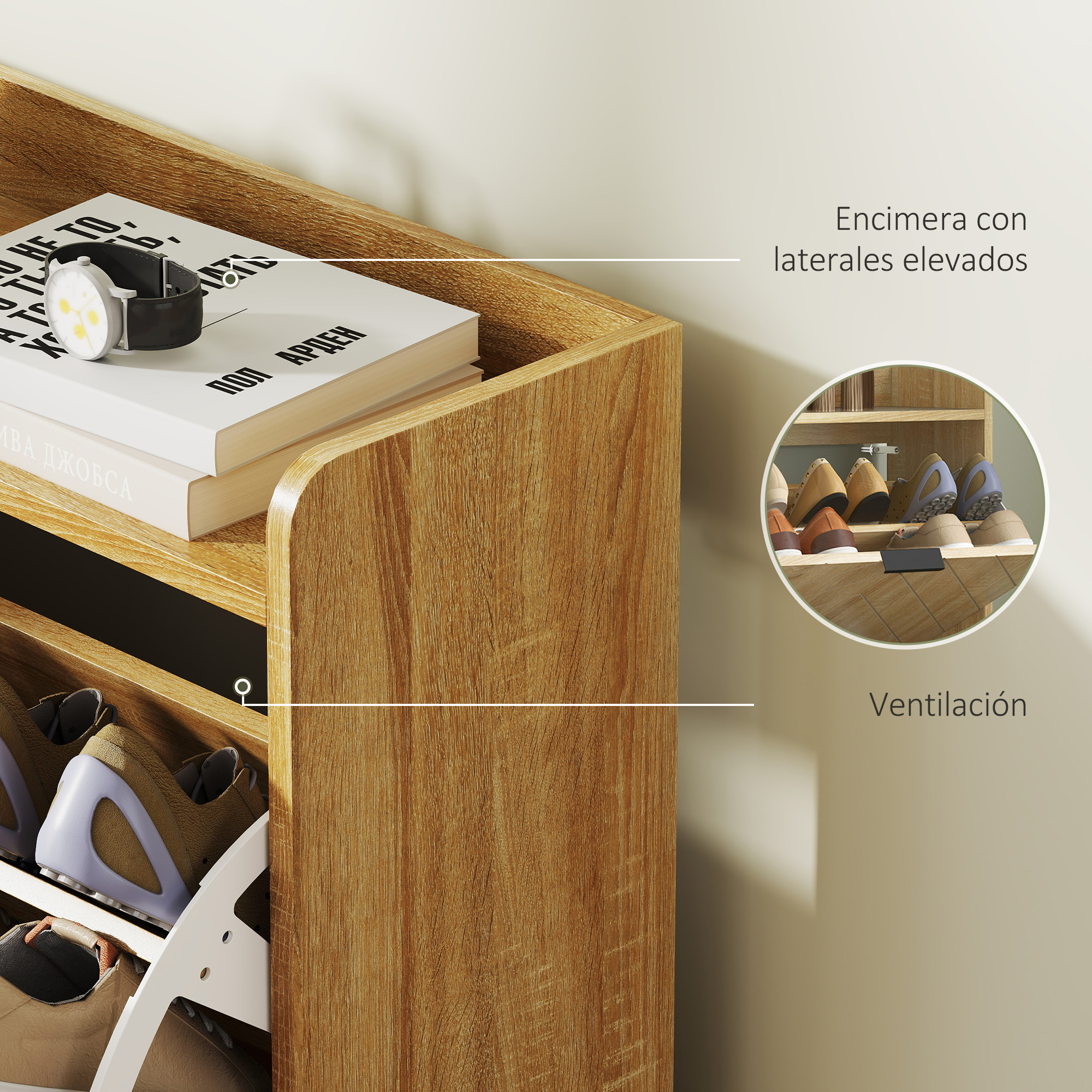 Zapatero de madera con libros y un reloj en el estante superior.