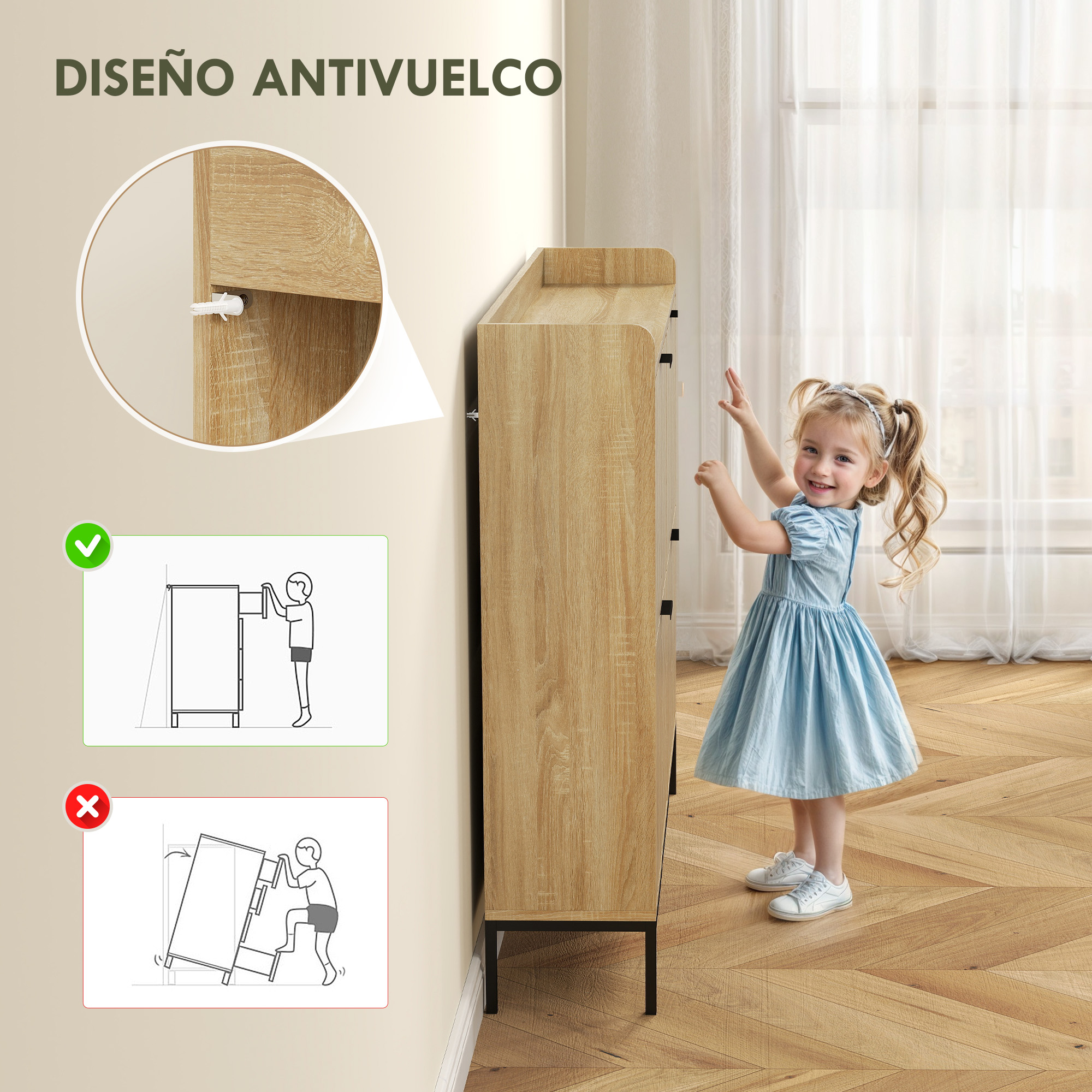 Una niña con vestido azul está junto a un mueble de madera. Se ve el texto "DISEÑO ANTIVUELCO".
