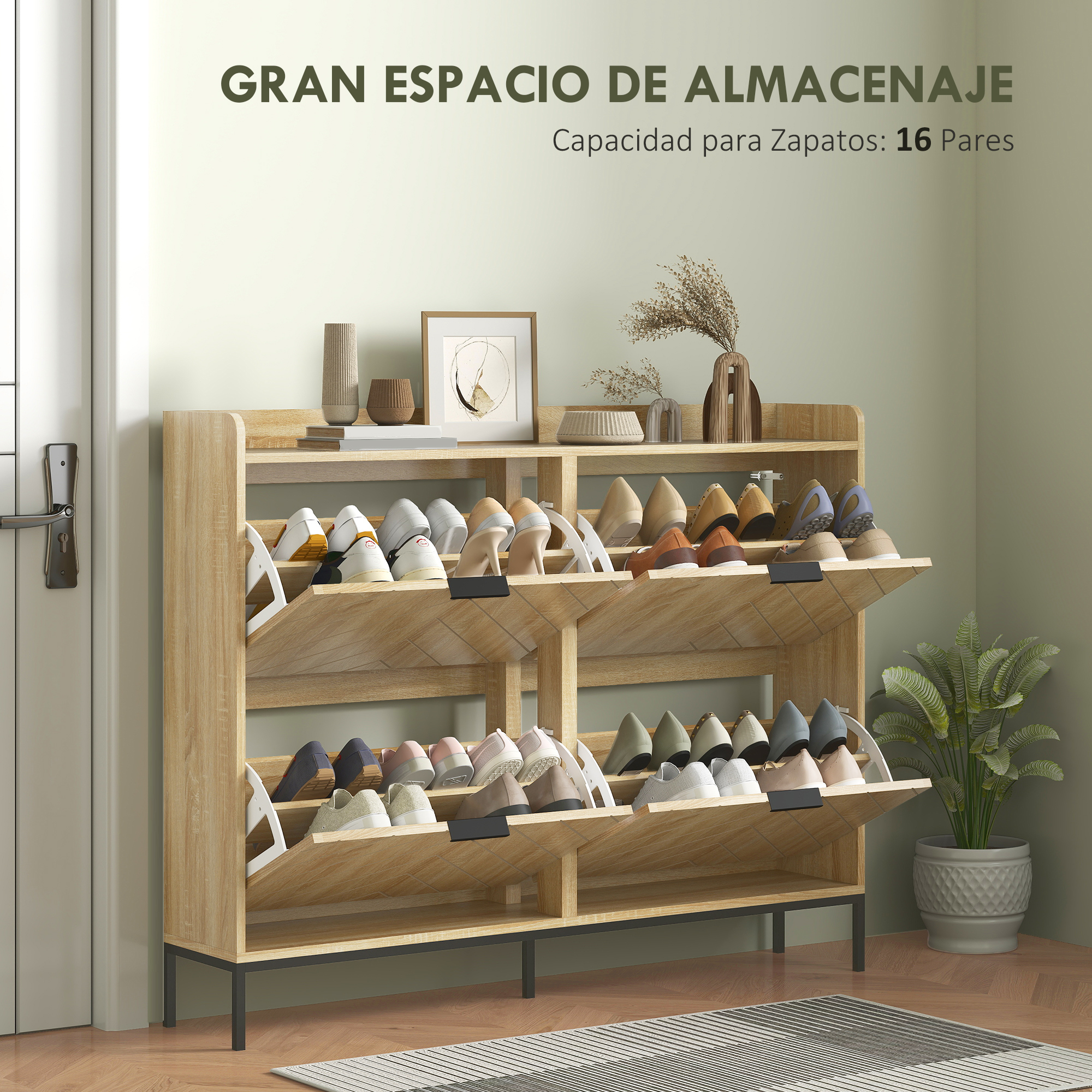 Un zapatero de madera con 16 compartimentos y varios zapatos.