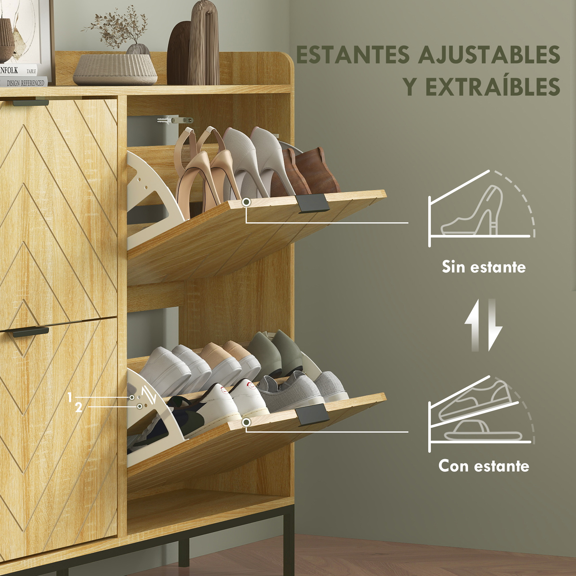 Zapatero de madera de varios niveles que guarda tacones y zapatillas.