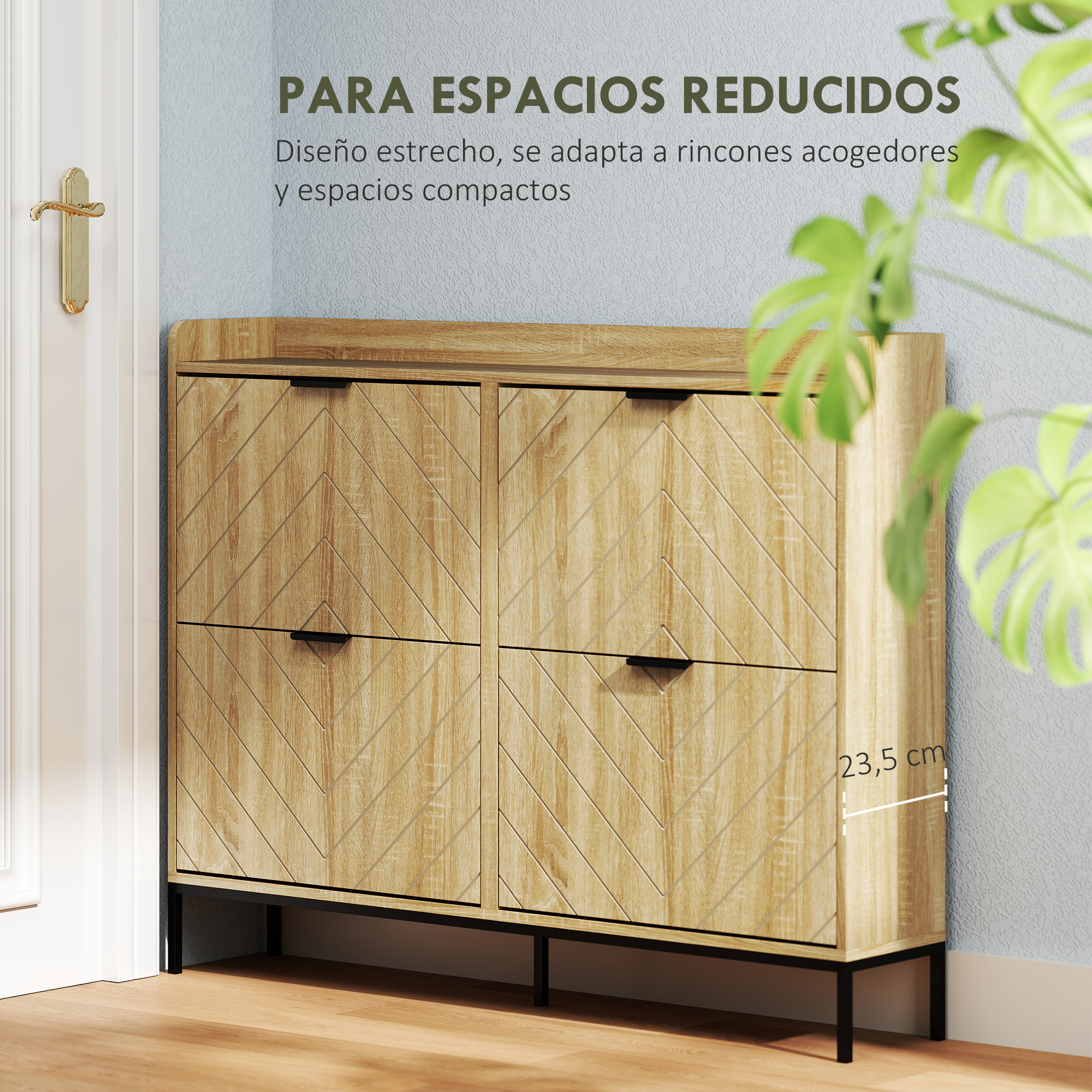 Zapatero de madera con 4 cajones y patas de metal negras.