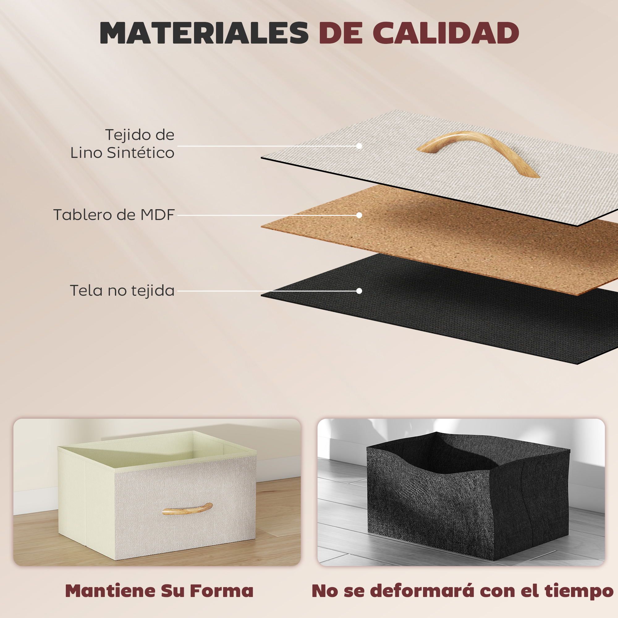 Capas de material: Lino sintético, tablero MDF, tela no tejida. Cestas: beige y negra.
