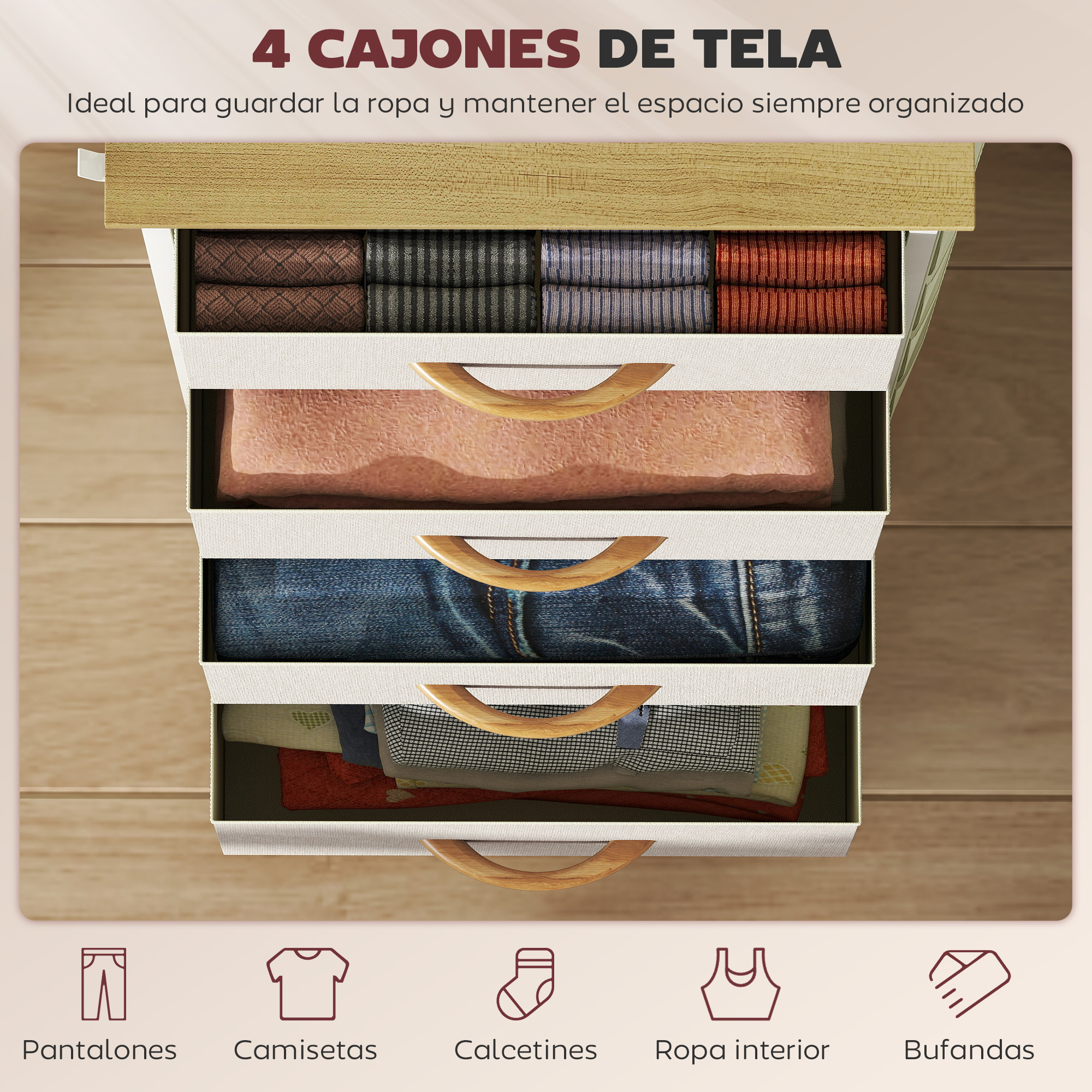 Cómoda de tela con cuatro cajones llenos de ropa como jeans y tops.