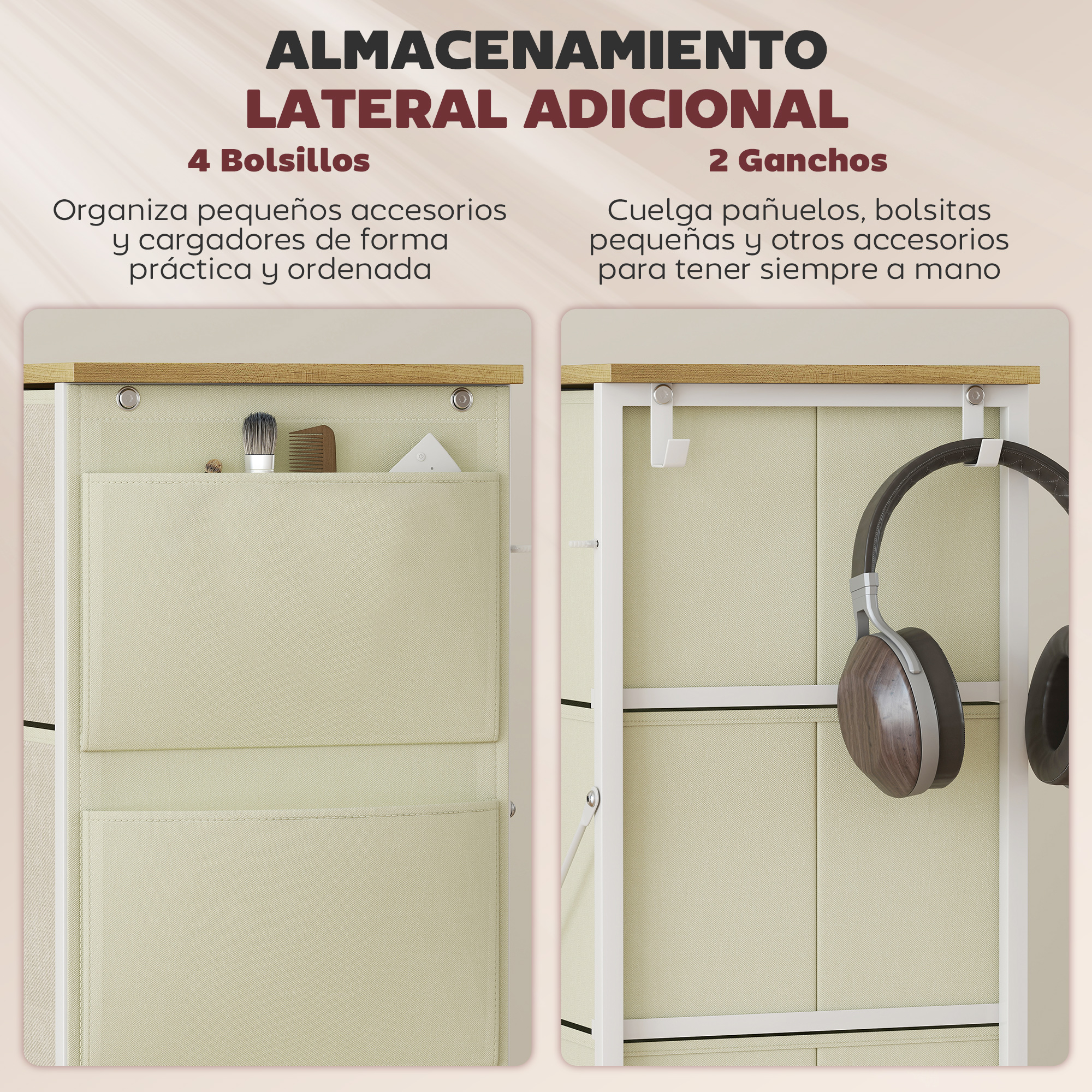 Almacenamiento lateral: 4 bolsillos para accesorios, 2 ganchos para pañuelos.