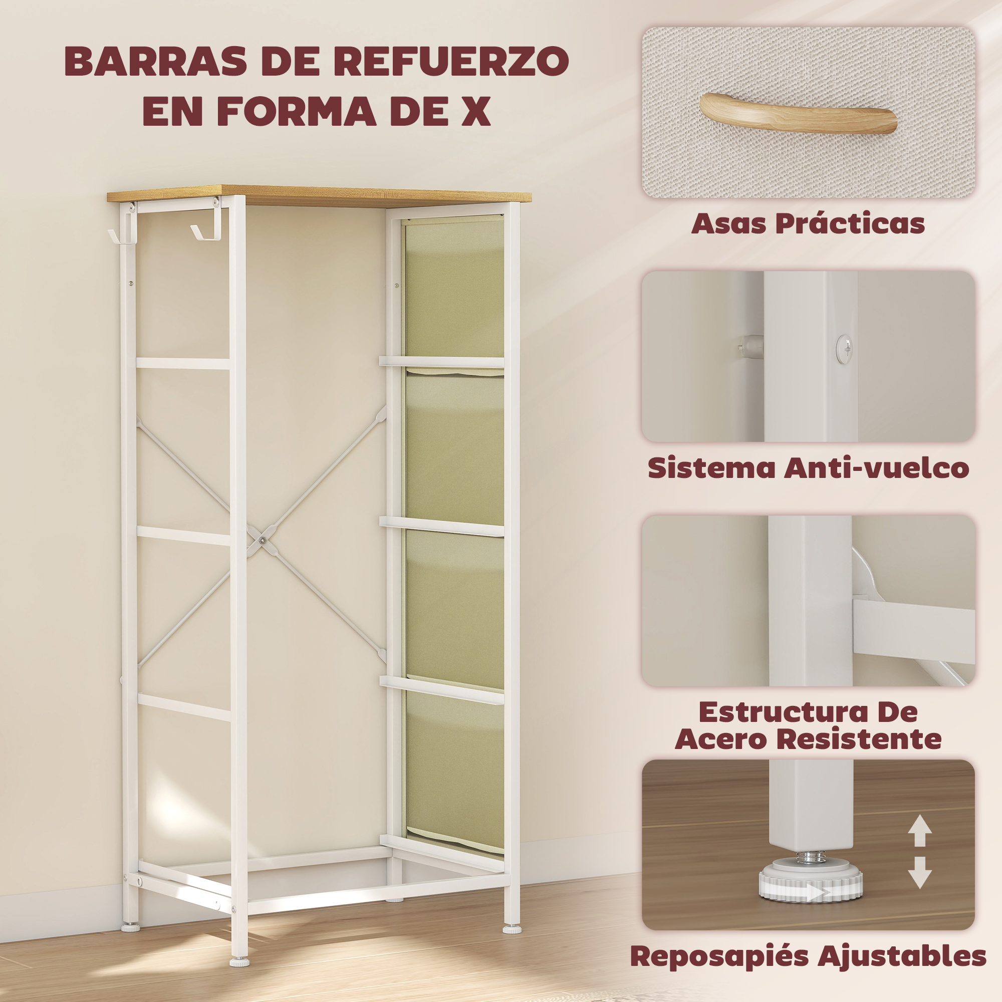 Un marco metálico blanco con tablero de madera y refuerzo en X. Incluye asas.