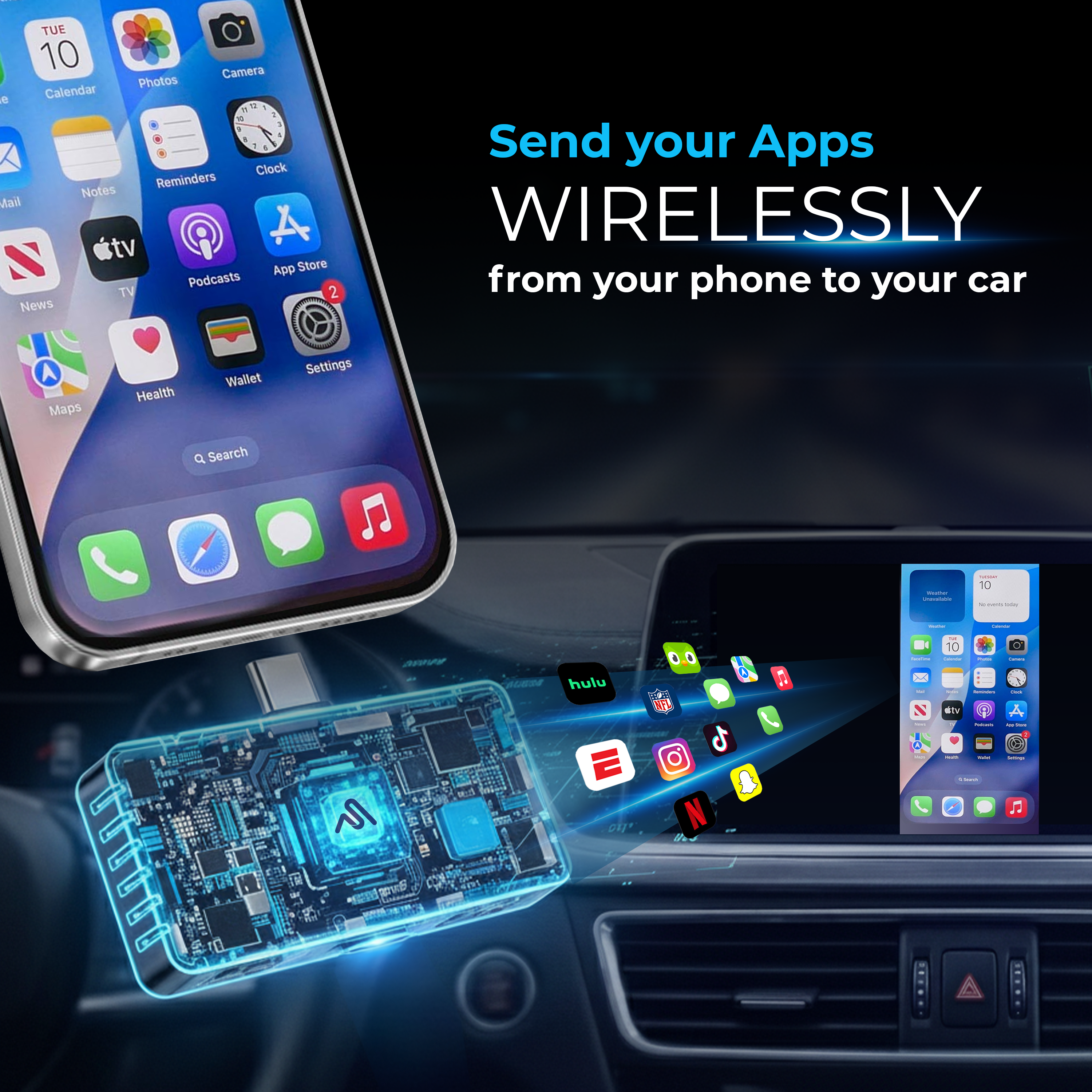 Ein Smartphone wird über ein Kabel mit einem Auto verbunden. Apps fliegen vom Handy zum Auto.