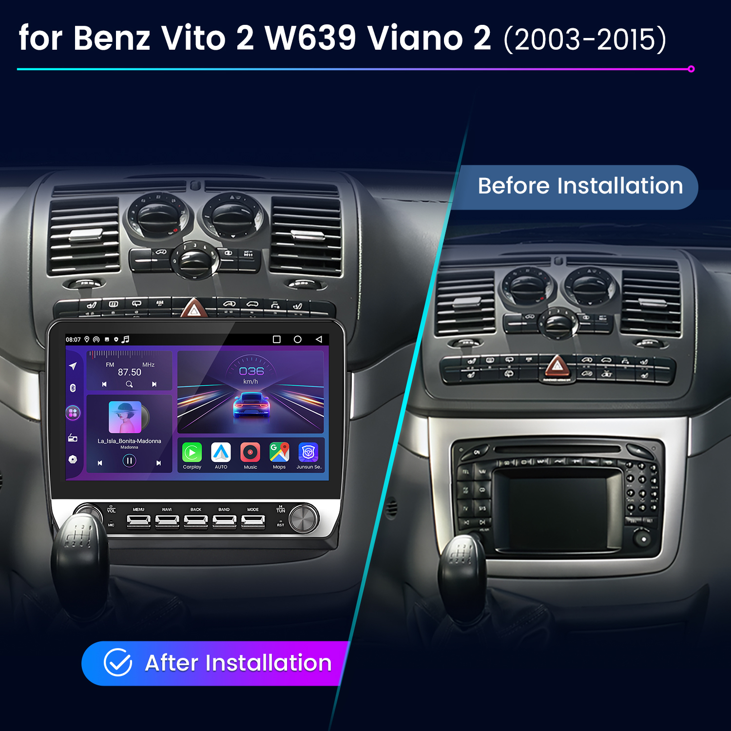 Comparación antes y después de una radio de coche para Benz Vito/Viano.