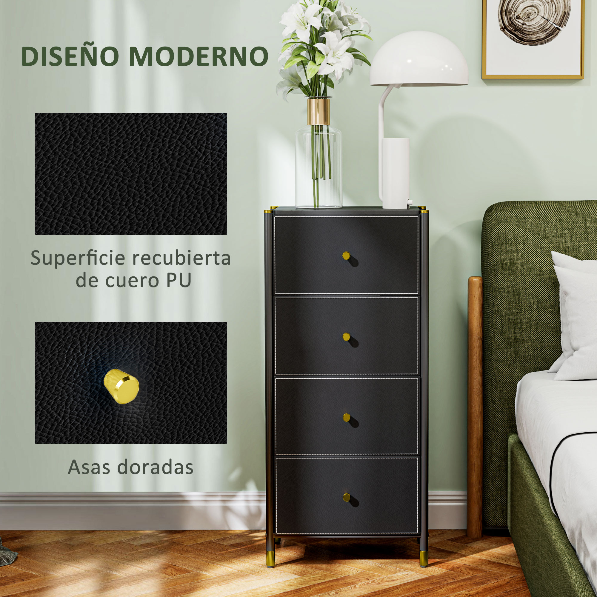 Cómoda negra de cuatro cajones con tiradores dorados y costuras blancas.