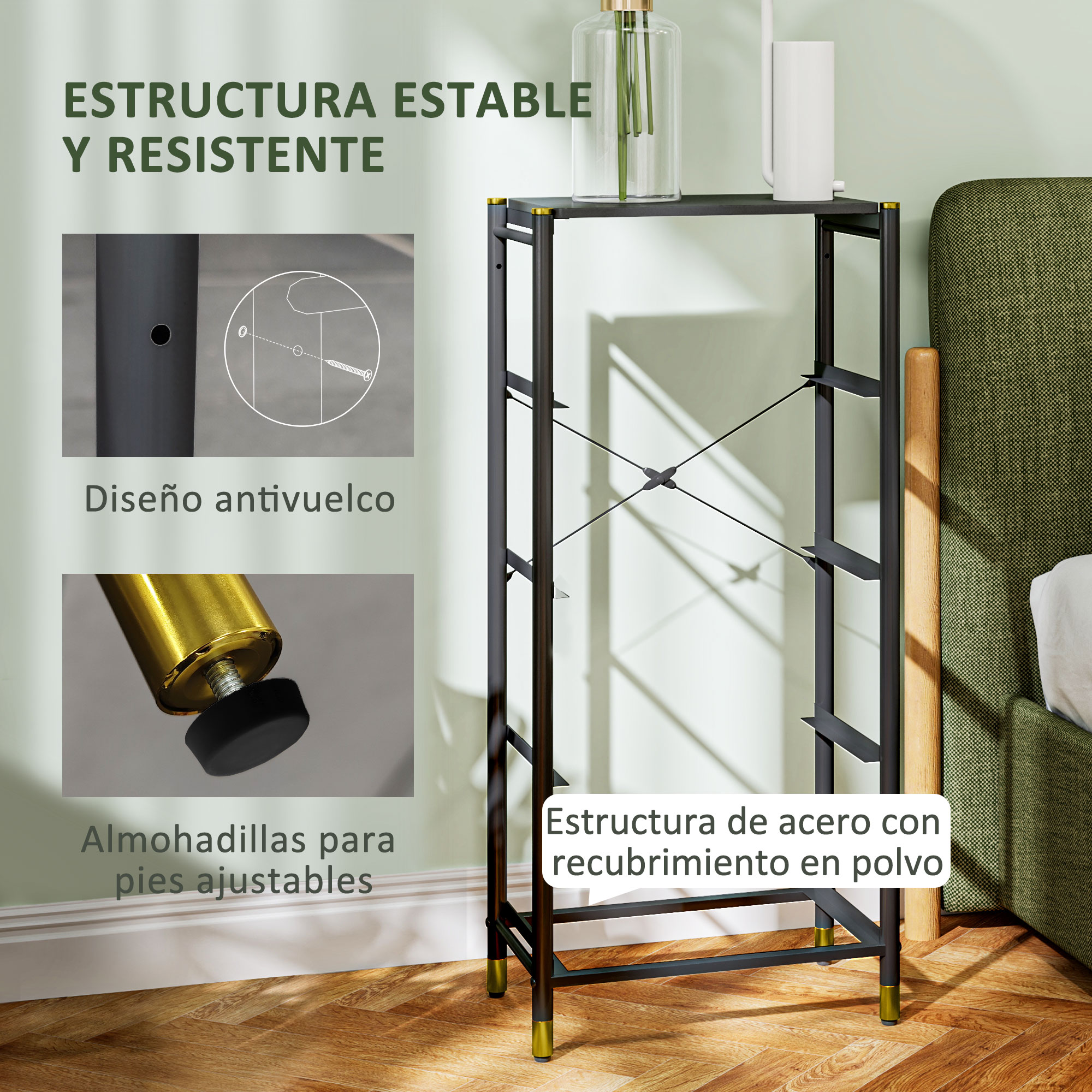 Estantería negra con patas doradas junto a una cama. Detalles de diseño antivuelco y patas ajustables.