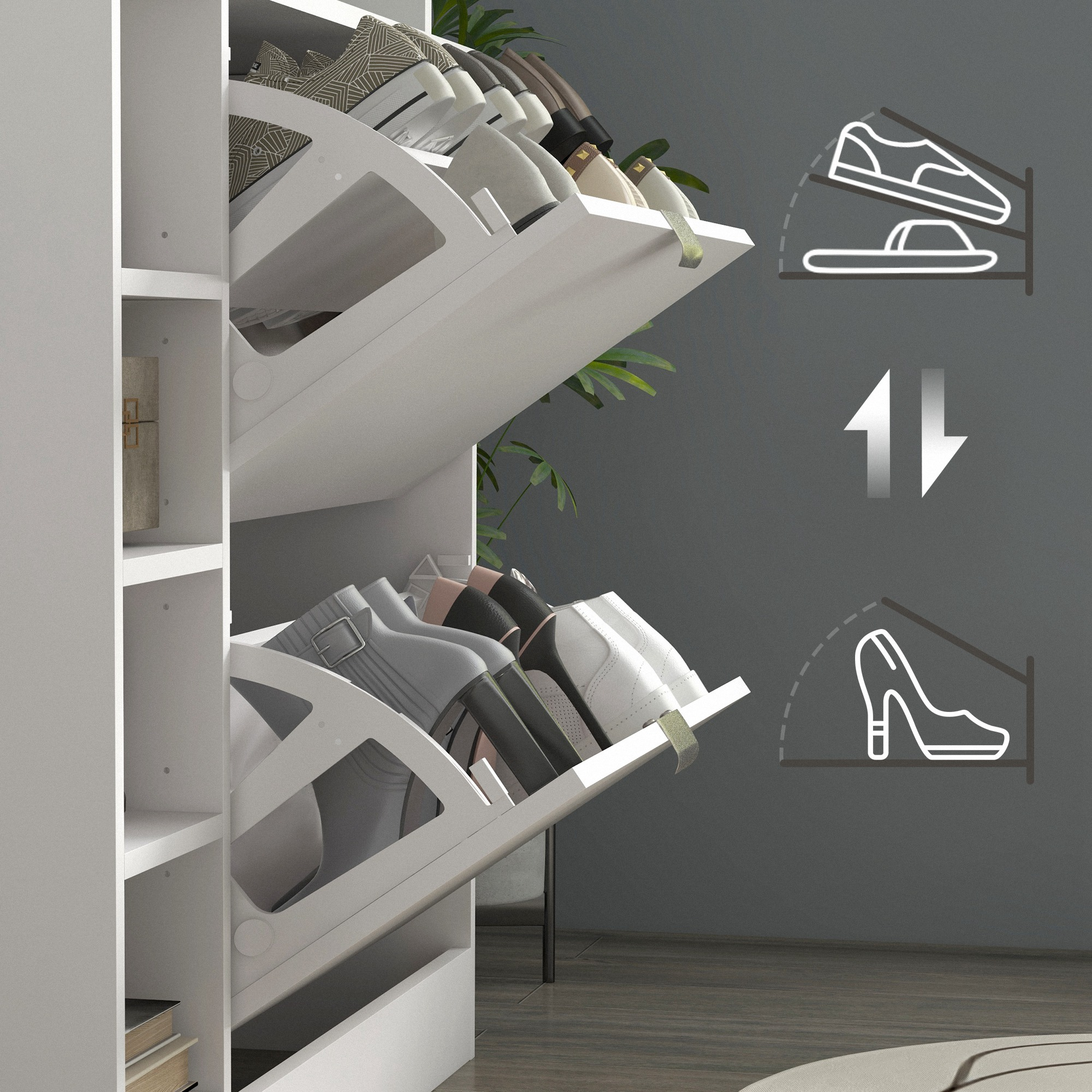 Un zapatero blanco muestra varios zapatos. Los iconos muestran almacenamiento de zapatos y zapatillas.