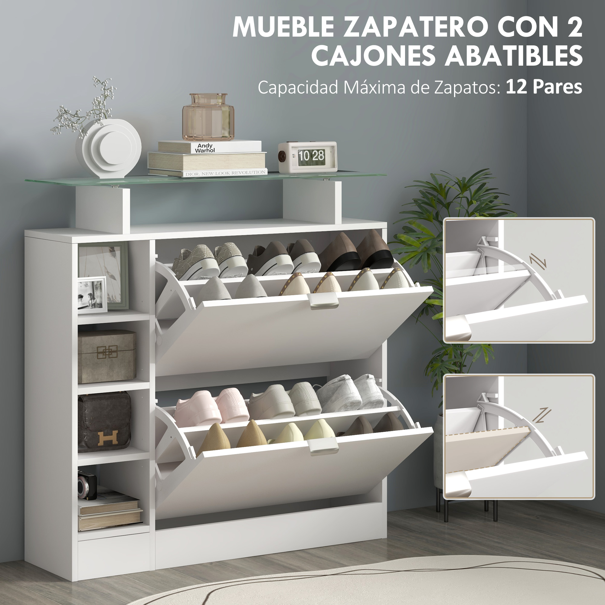 Zapatero blanco moderno con 2 cajones abatibles, lleno de zapatos.