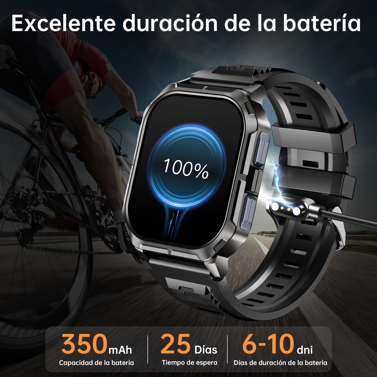 Smartwatch cargando, 100% batería, ciclista al fondo.