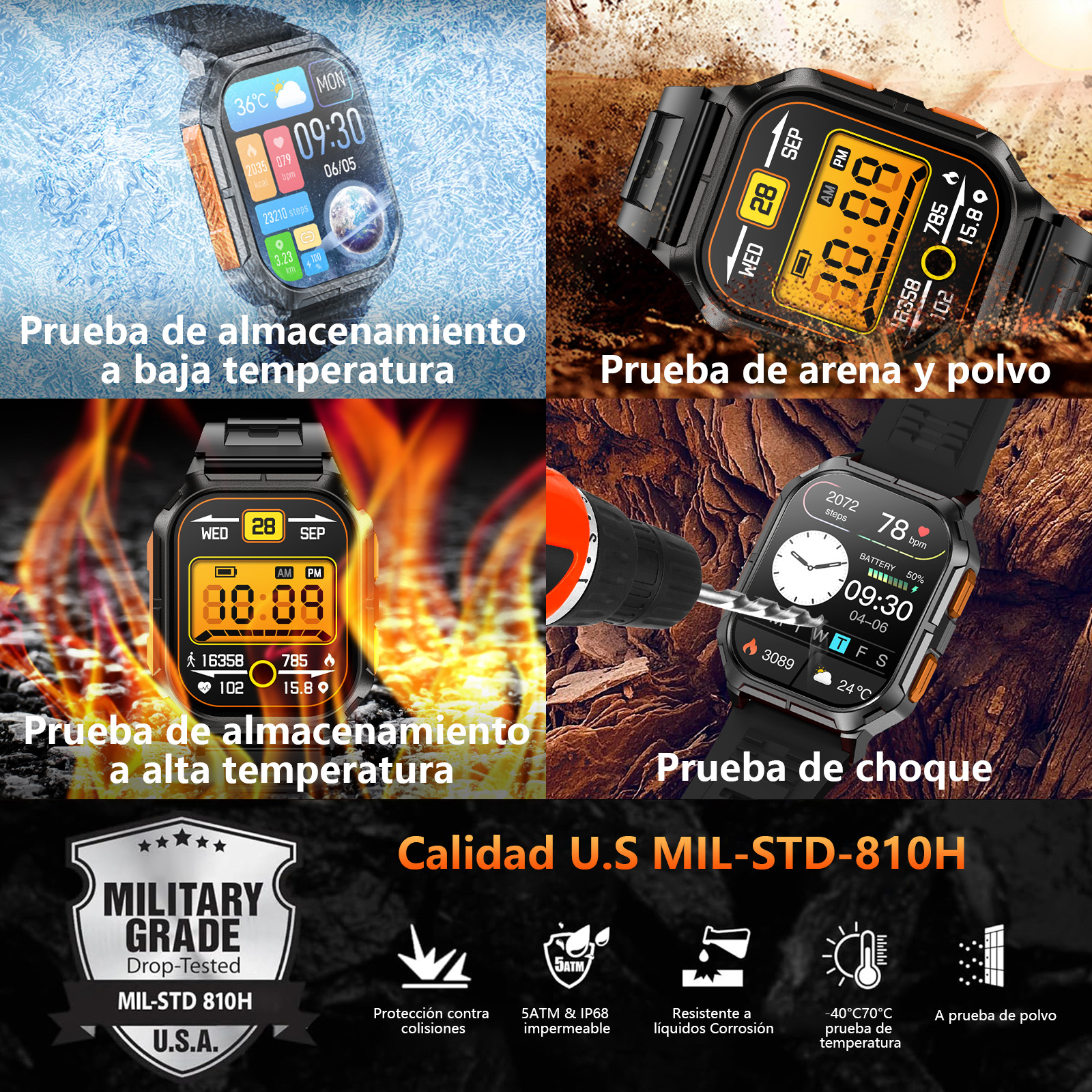 Smartwatch en hielo, arena, fuego y prueba de caída. Calidad militar.