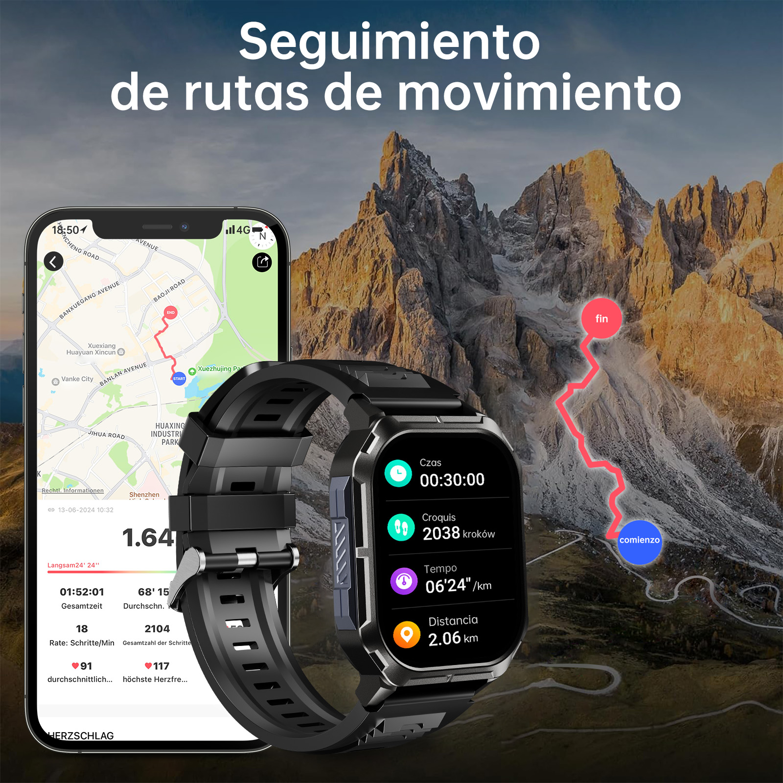 Smartwatch muestra seguimiento de ruta con mapa, tiempo, distancia y ritmo cardíaco.