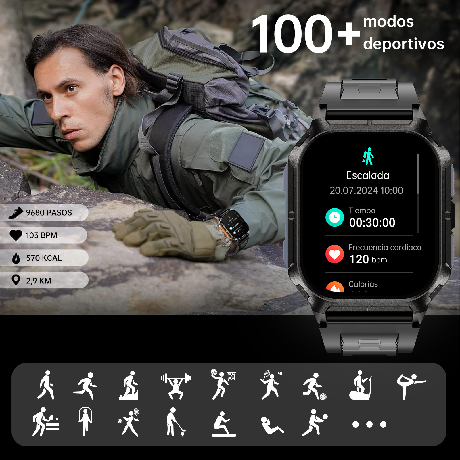Un hombre escalando, con mochila. Smartwatch muestra 9680 pasos, 103 BPM, 570 kcal.