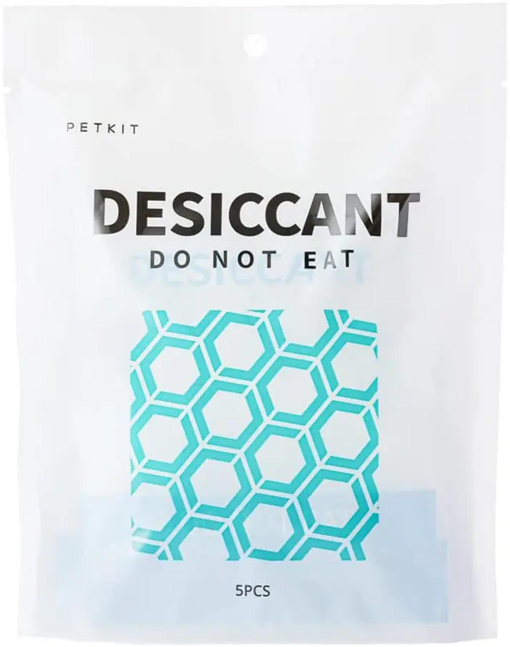 Weiße Verpackung mit der Aufschrift PETKIT DESICCANT DO NOT EAT und einem Sechseckmuster.